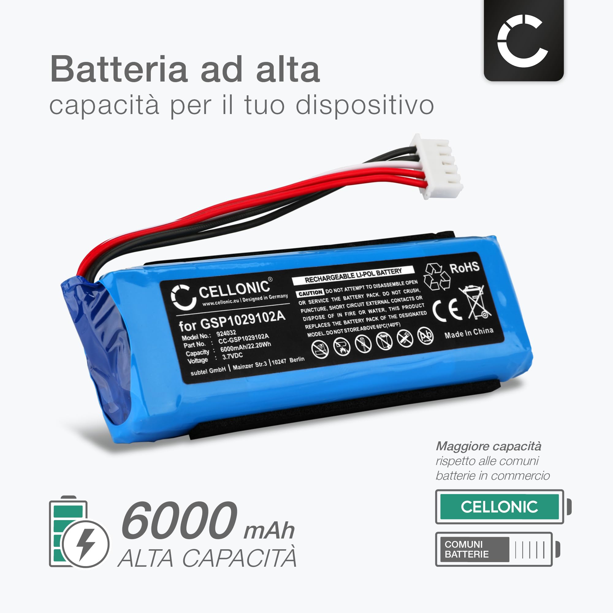 CELLONIC, Batteria per altoparlante compatibile con JBL Charge 3, Charge 3 Stealth Edition (6000mAh, 3.7V) Batteria di Ricambio GSP1029102A - Version 1