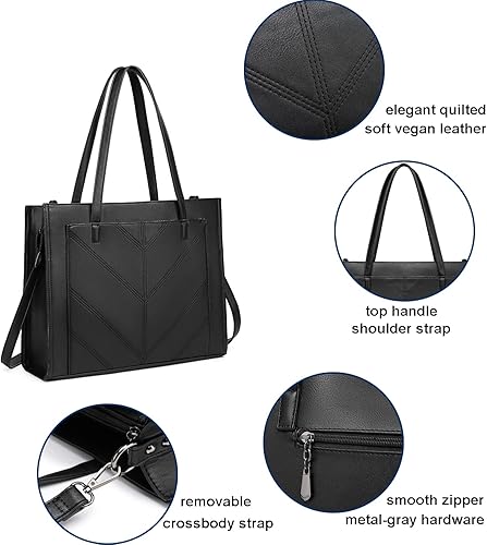 Miniatura 6 de Bolsas de trabajo para mujer, bolso negro para laptop con compartimento, maletín profesional de cuero para oficina de negocios
