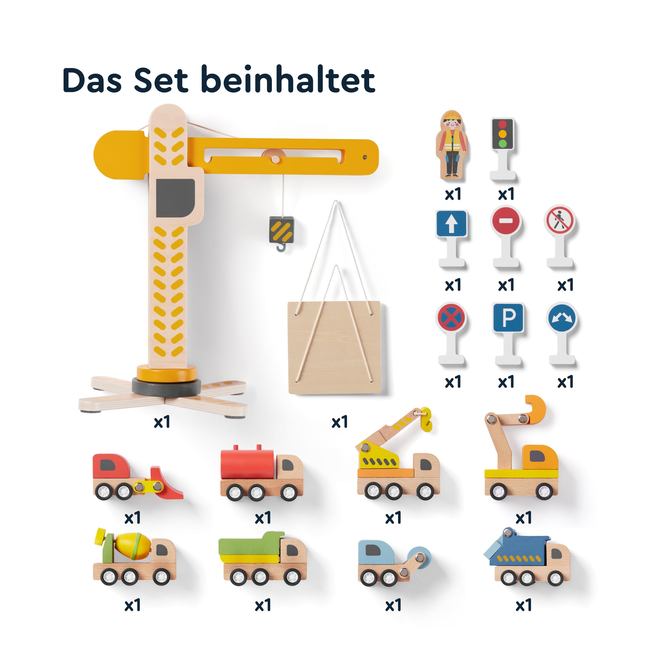 Holzspielzeug Baustelle mit Turmkran, Baufahrzeuge, Betonmischer, Ampel, Verkehrszeichen, Baustellenset 18-teilig, 360° drehbarer Hebekran für Kinder ab 3 Jahren (Jungen)