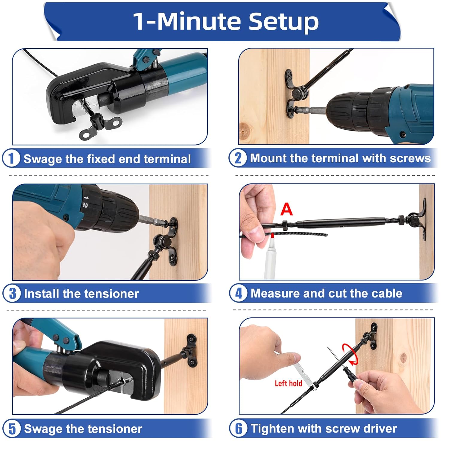 Black Cable Railing Kit, T316 Stainless Steel 1/8” Swage Toggle Turnbuckle Hardware for Wood Posts, Stair Deck Cable Railing System, 180°Adjustable Angle Wire Railing Kit BH6 (6 Pairs)