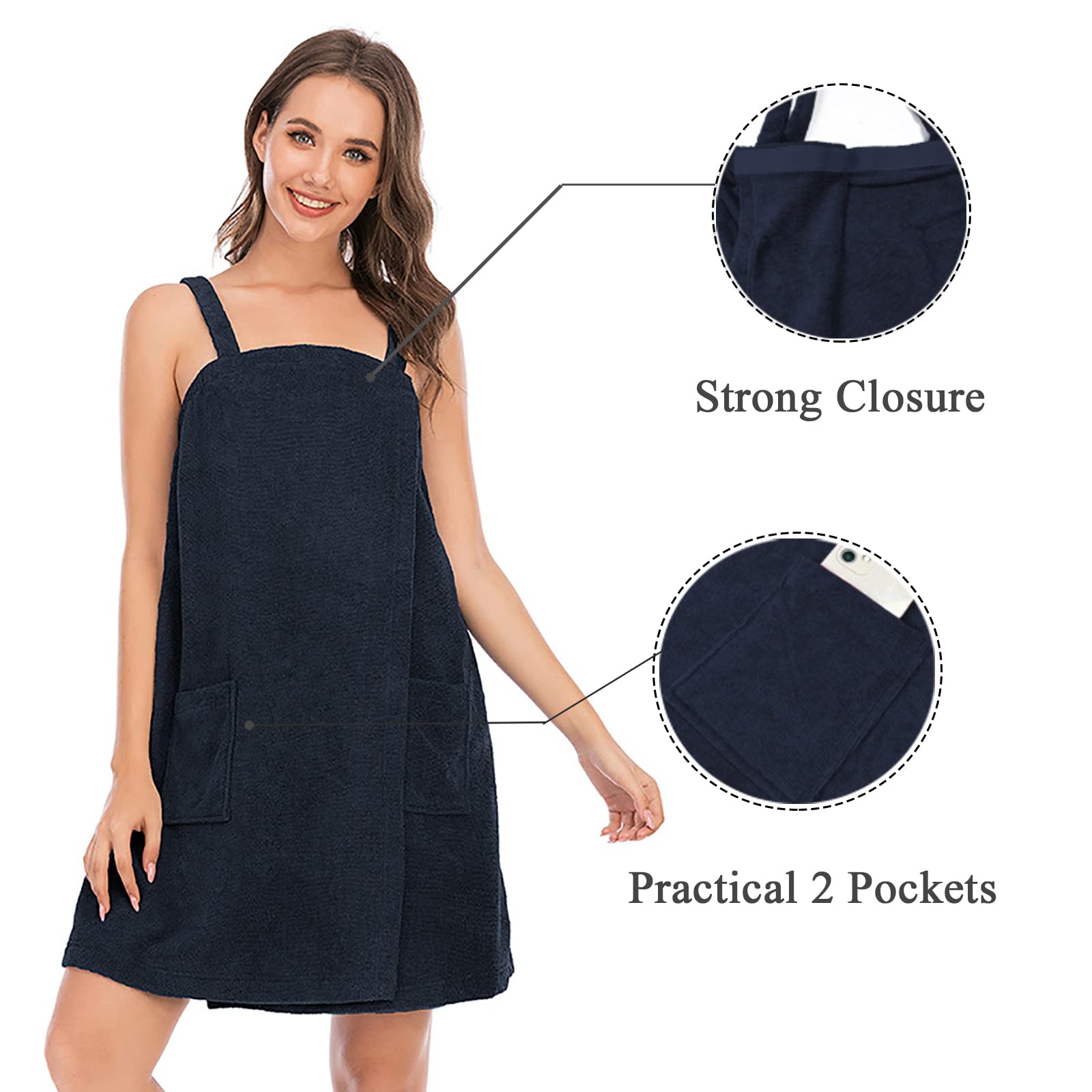 Verve Jelly Women Girls Shower Wraps Wearable Towel Wrap Cozy Pool Beach Spa Bathing Shower Bath Cover Up Towel Bathrobe Home Robe Navy Blue S - Image 3