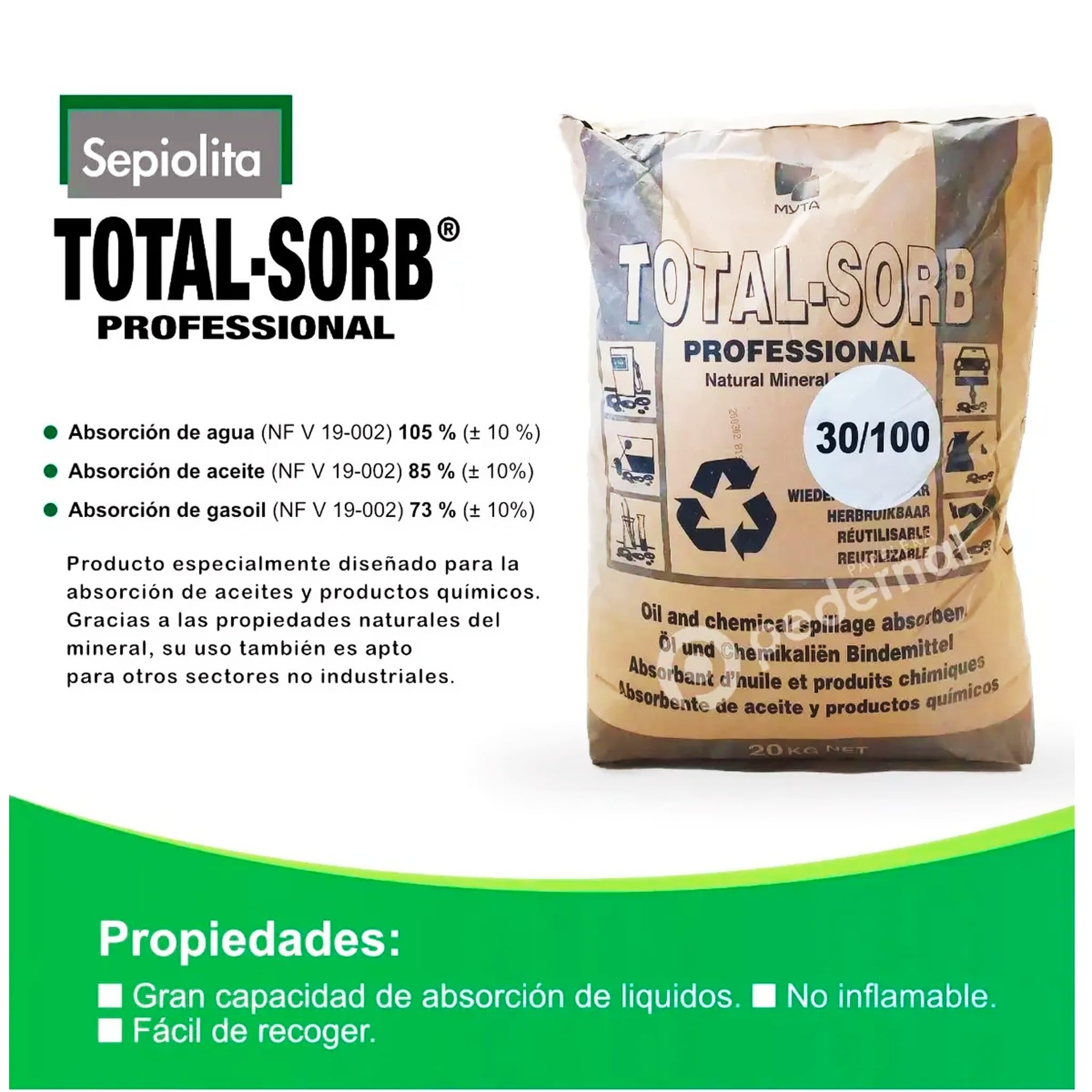 Sepiolita absorbente para industria, talleres, bomberos, mantenimiento de carreteras, mascotas, aditivo piensos compuestos, pinturas y recubrimientos, agricultura. Grano 30/100 (20, Kilogramos)