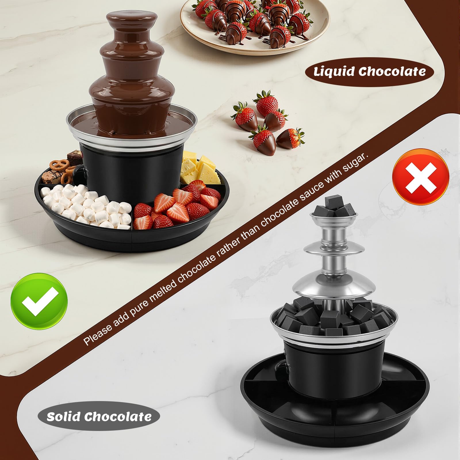 Fontana di Cioccolato Elettrico, Macchina per Fonduta Cascata 3 Livelli, Inox 430, Riscaldamento Continuo Capacità 0,45 kg, Ideale Frutta Marshmallow Biscotti, Serata Compleanno Matrimonio, 26 x 27 cm