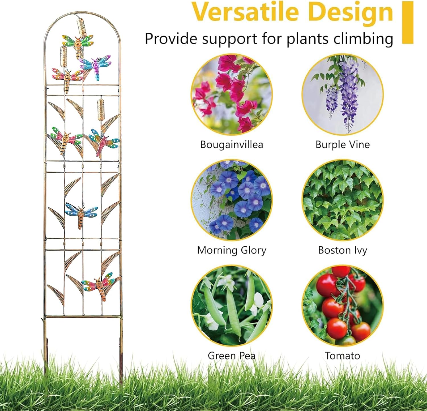 aboxoo Set of 4 Packs Dragonfly Metal Garden Trellis for Climbing Plants,Outdoor Decorative Flowers Arch Fence Trellis for Outdoor Patio,Garden,Lawn,Yard,Backyard,Wall Brackets,60'' H x 11'' W