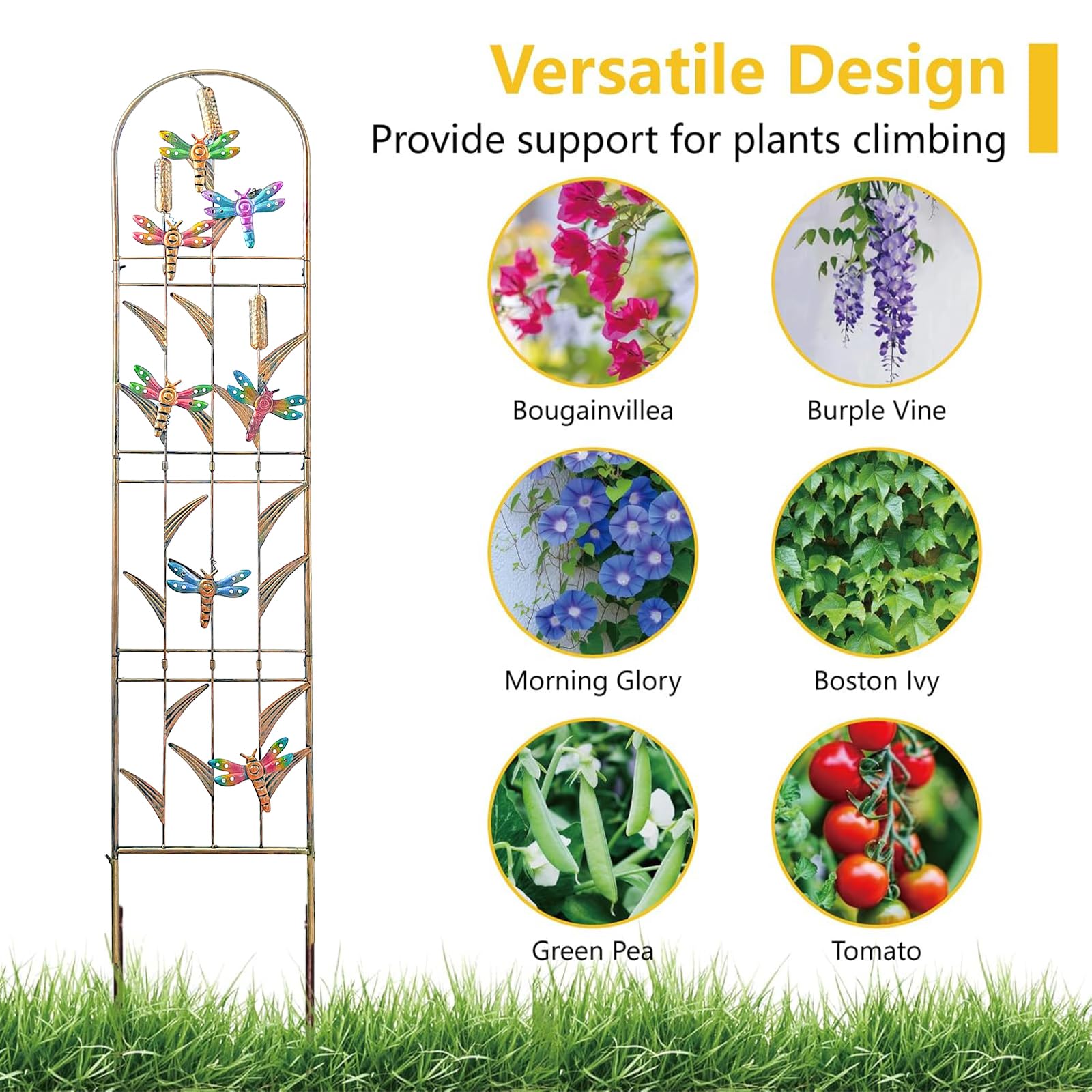 aboxoo Set di 2 graticci da giardino in metallo a forma di libellula per piante rampicanti, fiori decorativi per esterni, per patio, giardino, prato, cortile, cortile, staffe da parete, 152 cm di