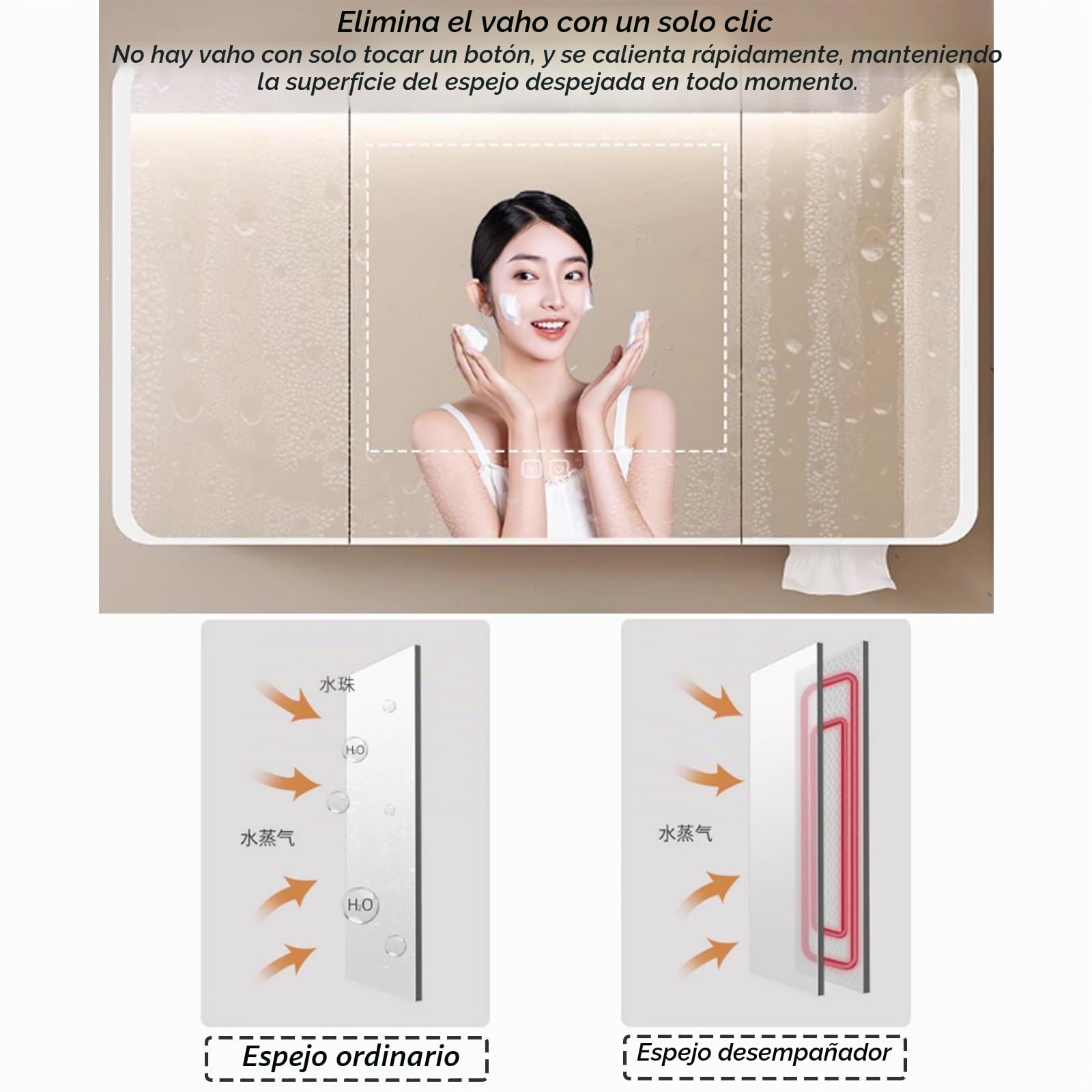 Moderna Armario Espejo Baño con Luz LED, Aluminio Rectangular, Antivaho, Maquillaje Inteligente, Sensible al Tacto ( Color