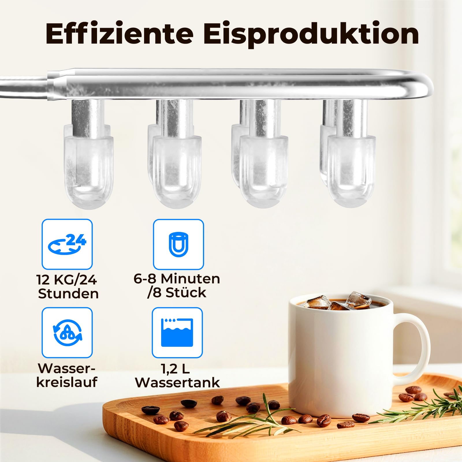 Eiswürfelmaschine 12KG/24H, Selbstreinigend Eiswürfelmaschine Klein, Ice Maker mit Griff-Eiswürfelkorb/Schaufel, 8 Eiswürfel in 6-8 Minuten, für Küche/Büro/Party/Büro RV, Schwarz