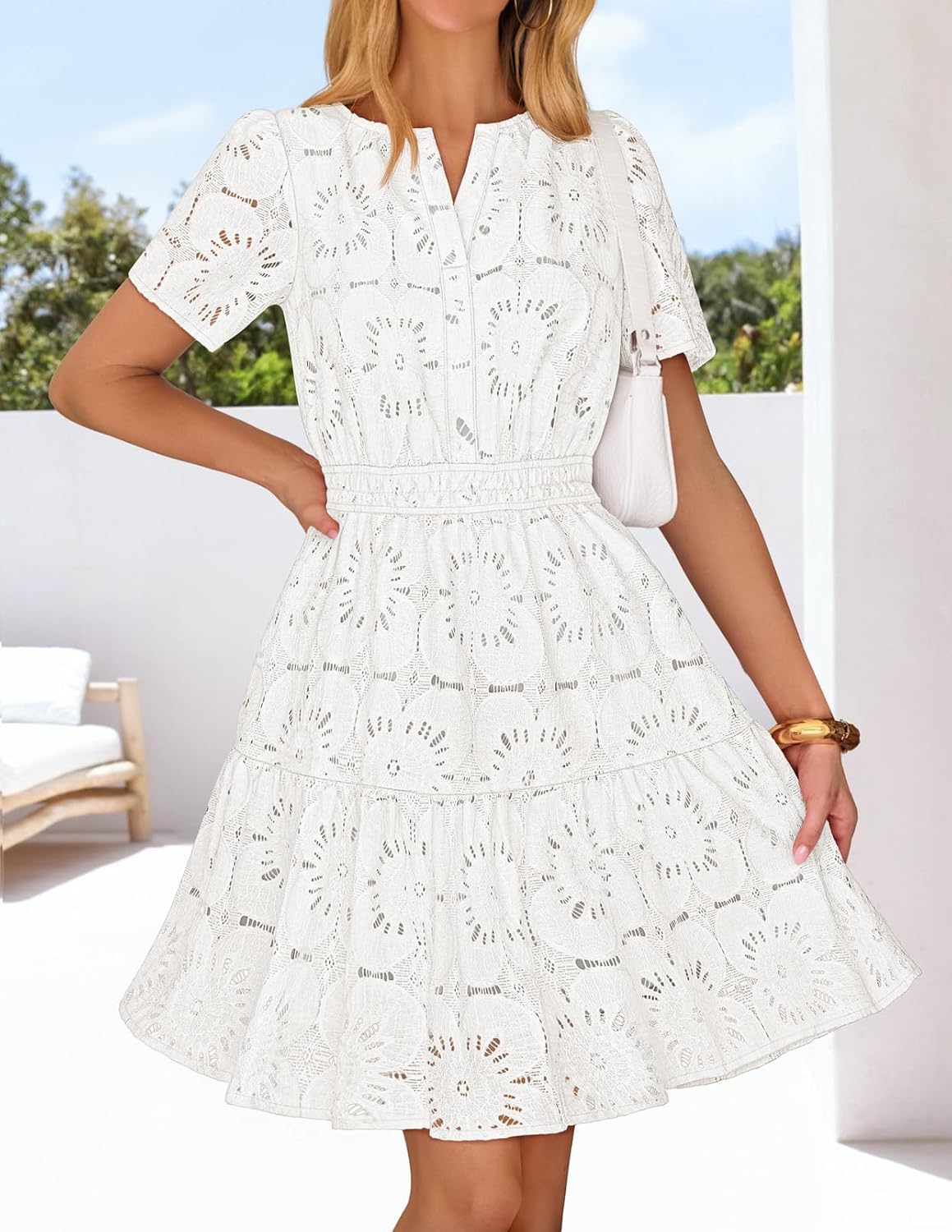 MEROKEETY Women's Spring Summer Lace Boho Dress 2026 Short Sleeve Eyelet Floral Ruffle A Line Vacation Beach Mini Dresses - Image 3