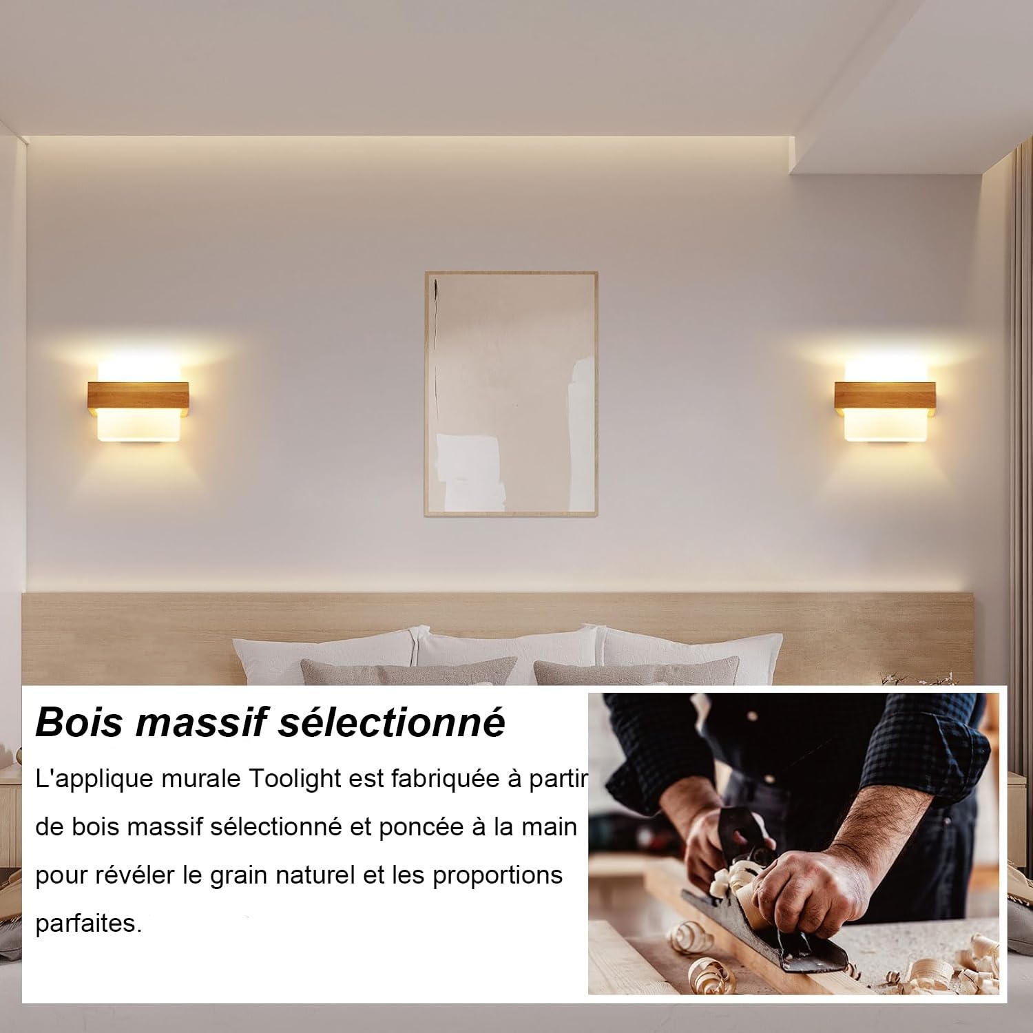 Toolight Applique Murale 12W Dimmable Bois Verre E27 Salon Chambre