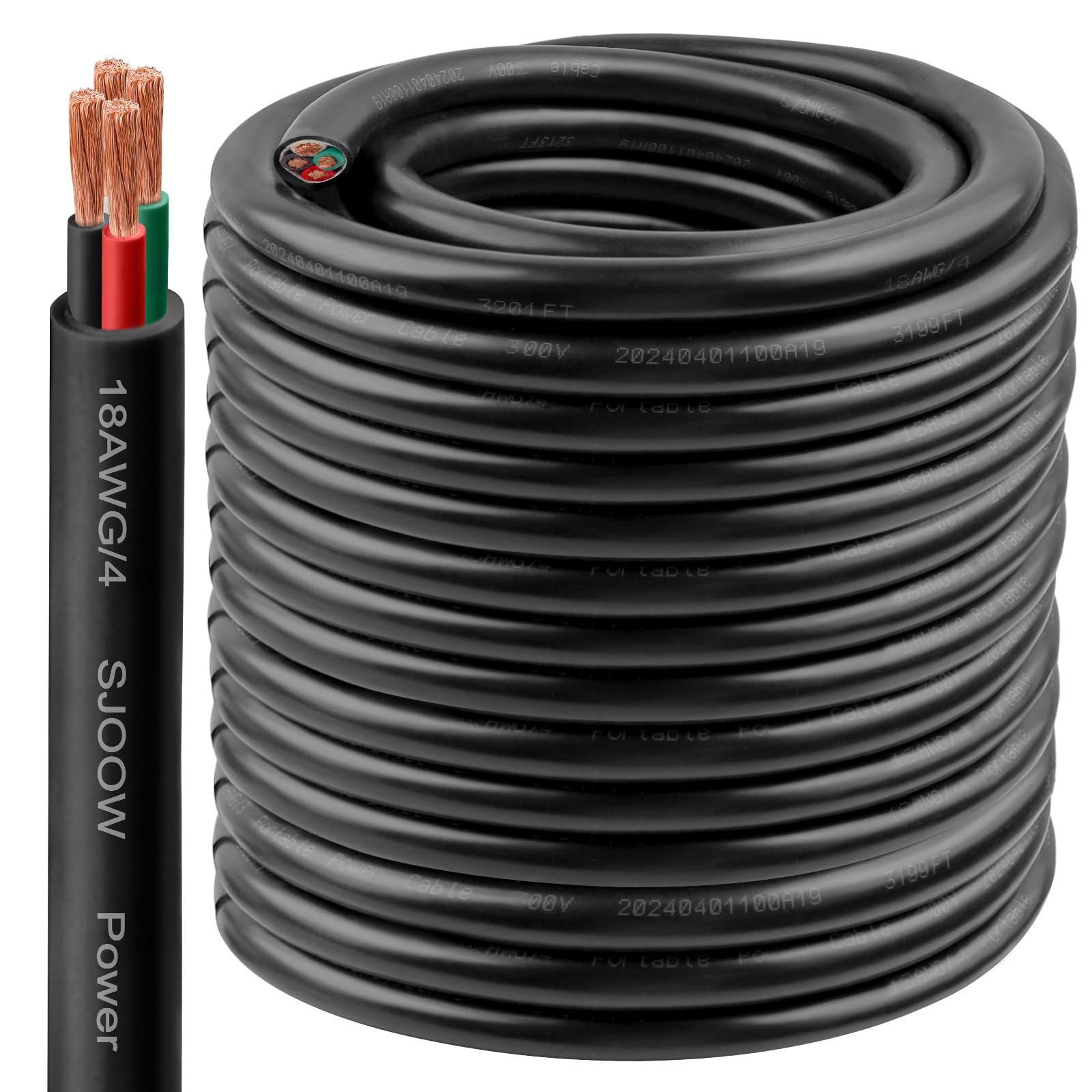18/4 SJOOW Wire 200FT, 18 AWG 300V SJOOW Bulk Cable, 18 Gauge 4 Conductor Portable Cable for Welder,Generator,Portable Light,Circuits,EV Car Charger,Motor Lead