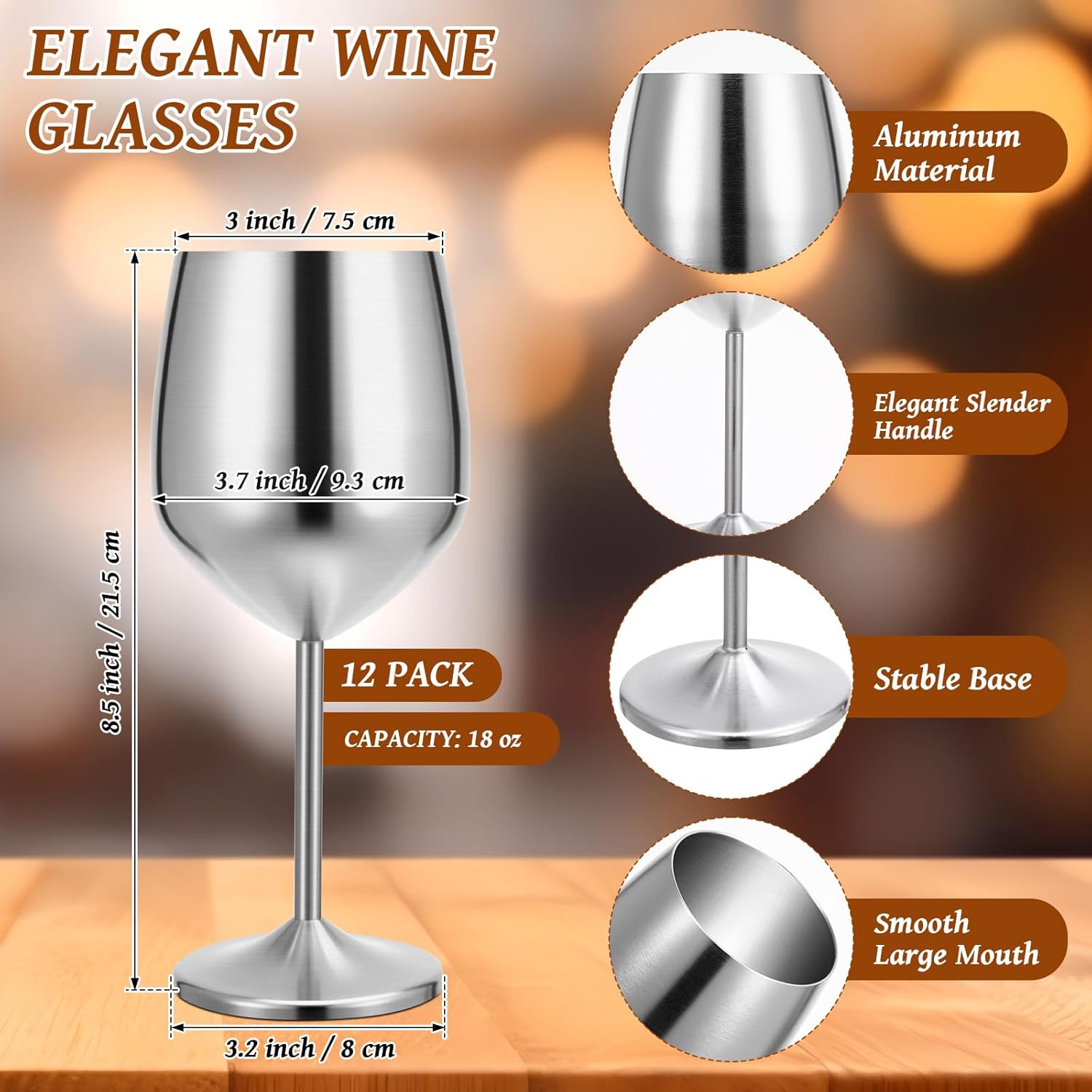 12 Set Aluminum Metal Wine Glasses 18oz Silver Unbreakable Wine Glass Goblet Elegant Stemmed Cocktail Glasses Metal Drink Cup for Wedding Pool Anniversary Party Travel Camping Picnics