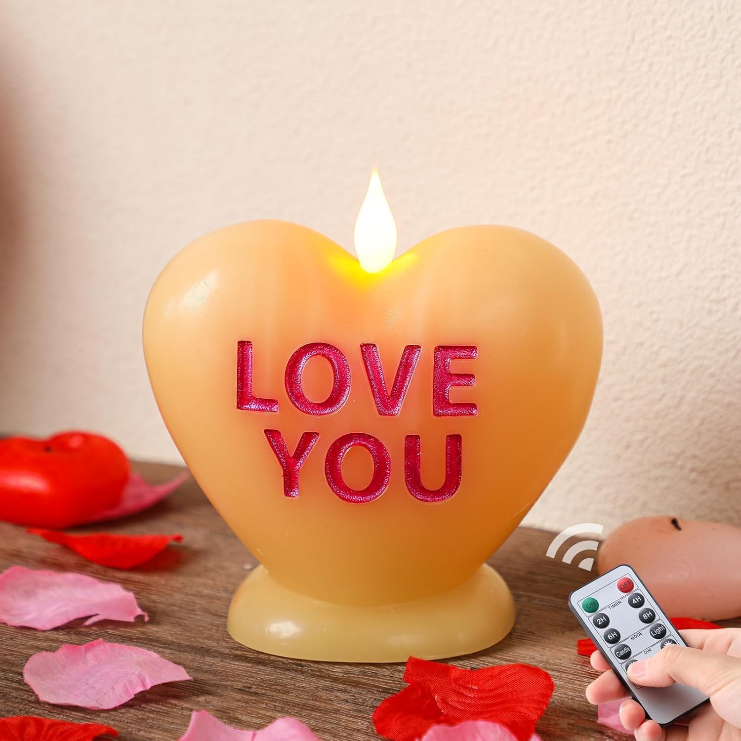 Valentine's Day Heart Candle Flameless Candle Flickering Battery Operated LED Heart Shaped Candle with Realistic Warm Flame Effect Romantic Decor for Wedding Anniversary (Orange)