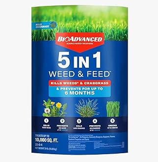 5 In 1 Weed and Feed Granules - Kills Lawn Weeds & Crabgrass - Feeds, Greens & Strengthens Lawn - Treats Up to 10,000 Square Feet - 24 lb Bag