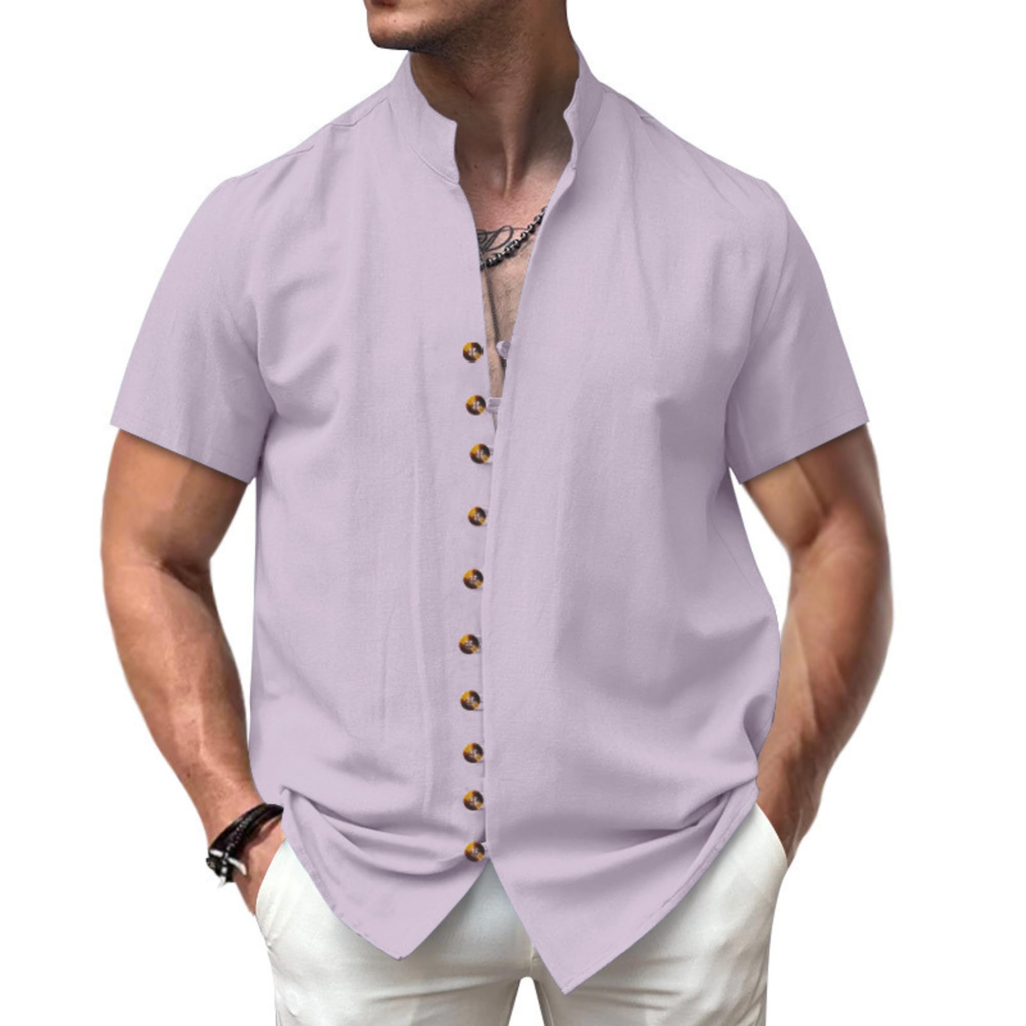 DMOYALA Men's Button Down Linen Shirts Summer Casual Short Sleeve Hawaiian Shirts Beach Vacation Cotton Shirts