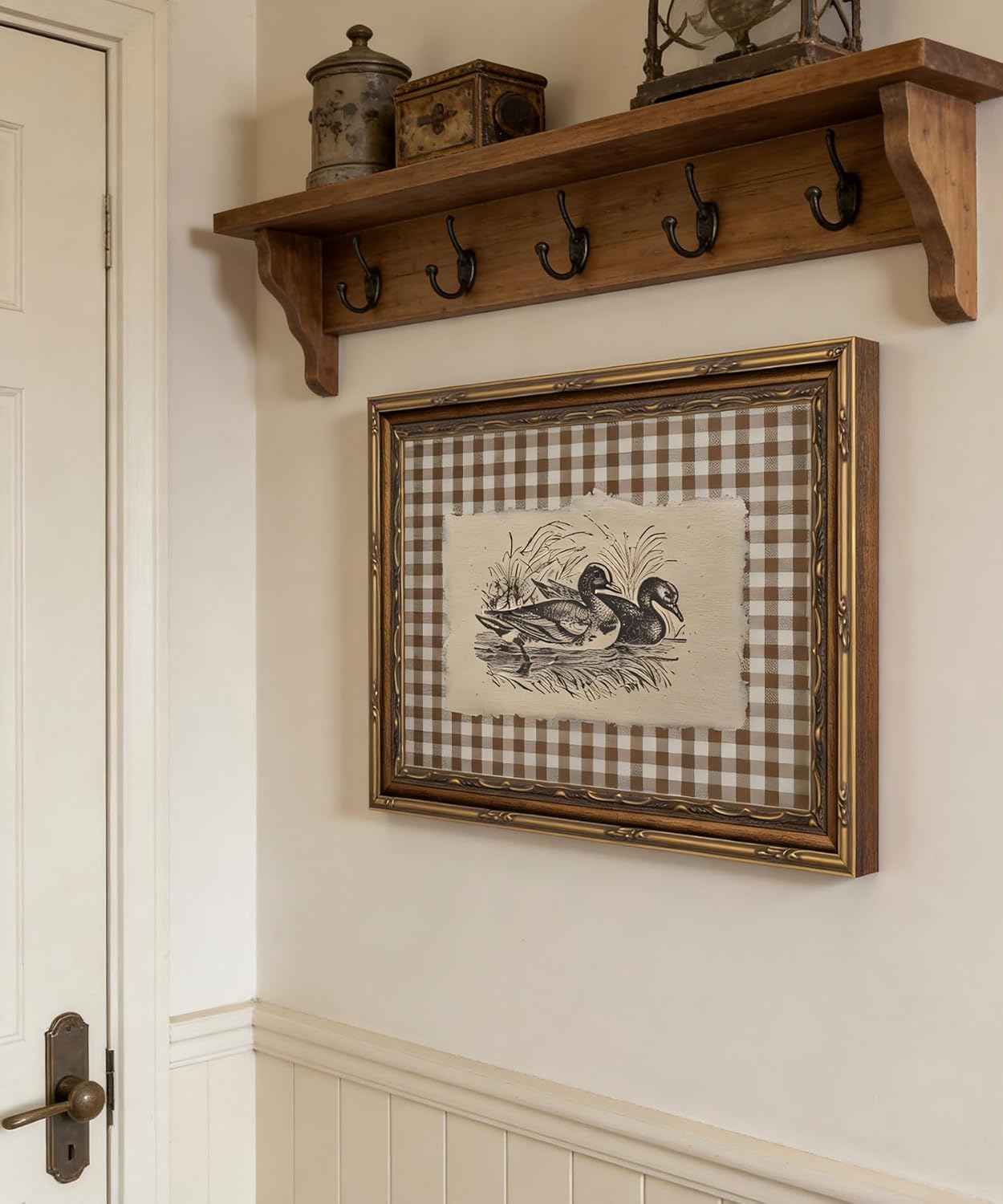 Vintage Gold Framed Wall Art Vintage Duck Wall Art Rustic Farmhouse Brown Gingham Duck Wall Decor Picture Country Cottage Illustration Poster Print Artwork for Living Room Bedroom 12x16in