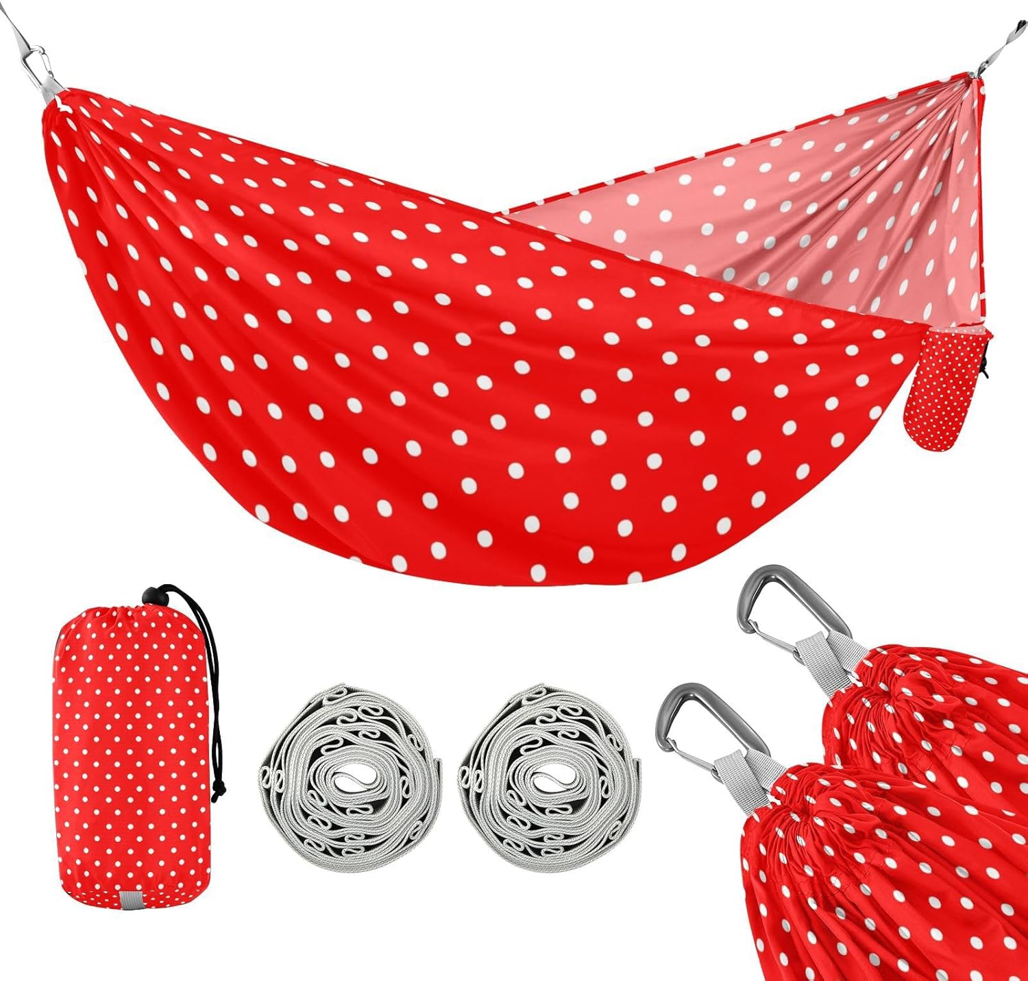 Polka White Dots Mid Century Modern Red Camping Hammock Tree Hammock for Outside Beach Patio Garden
