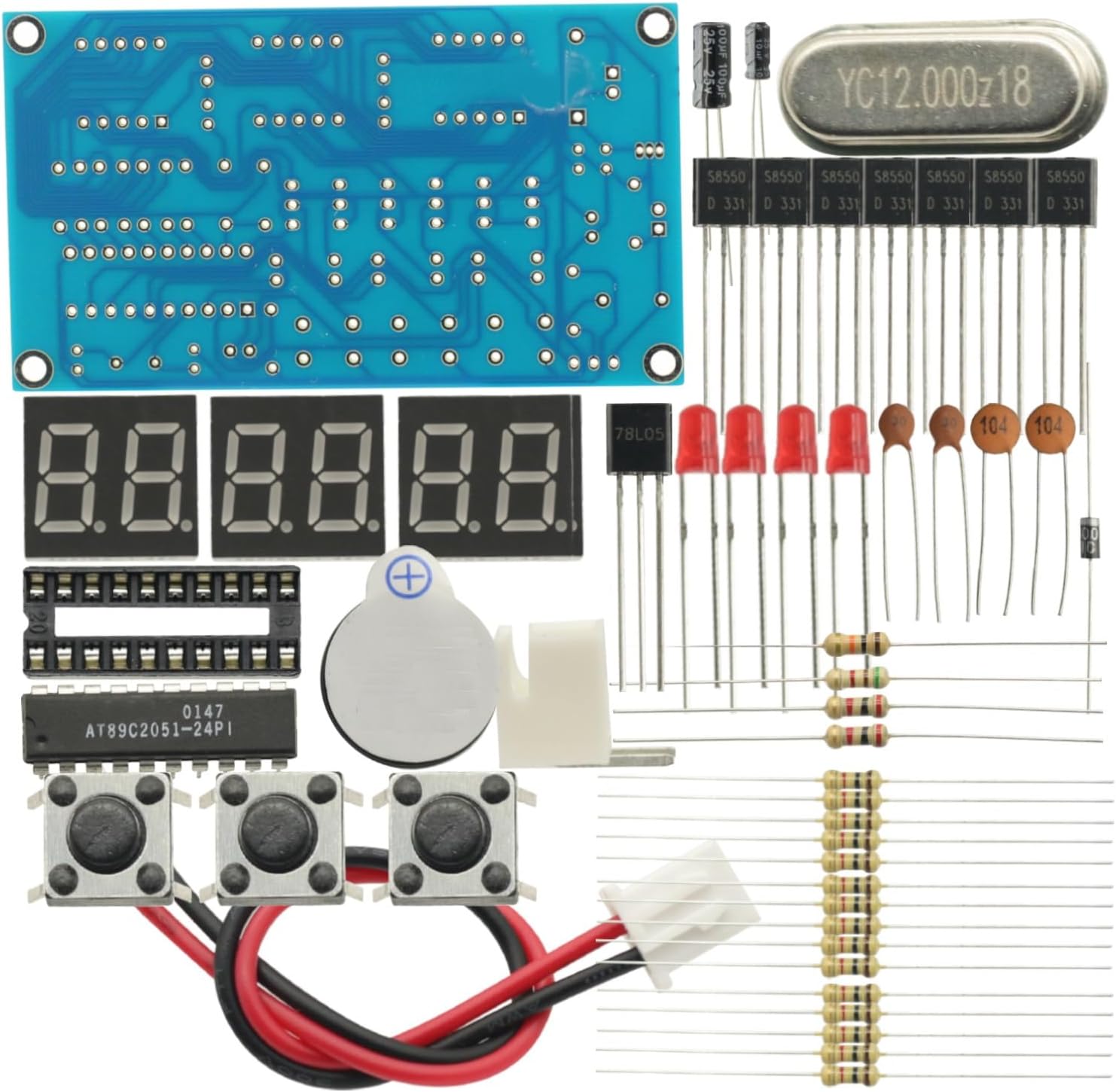 GODIYMODULES 6-Bit Digital Electronic Alarm Clock Kit components including PCB, digital displays, and various electronic parts