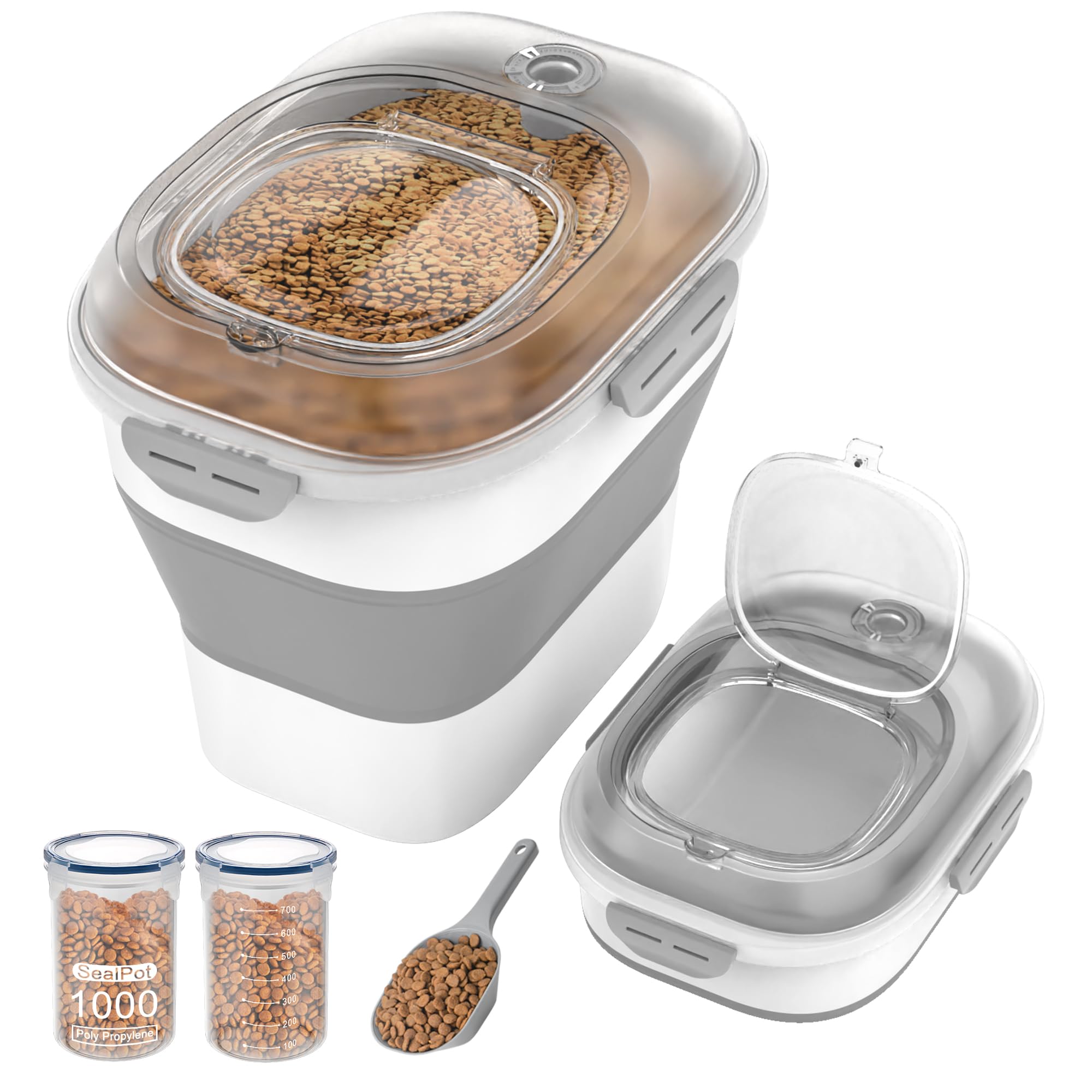 28-30 lbs airtight dog food storage container,collapsible dog food container with airtight lid,wheels, date track,large pet food storage container for rice,flour,dog food scoop,2pcs containers