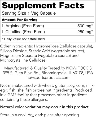 Miniatura 6 de NOW Sports Nutrition, Arginina y Citrulina 500 mg/ 250 mg, Aminoácidos, 240 Cápsulas Vegetales