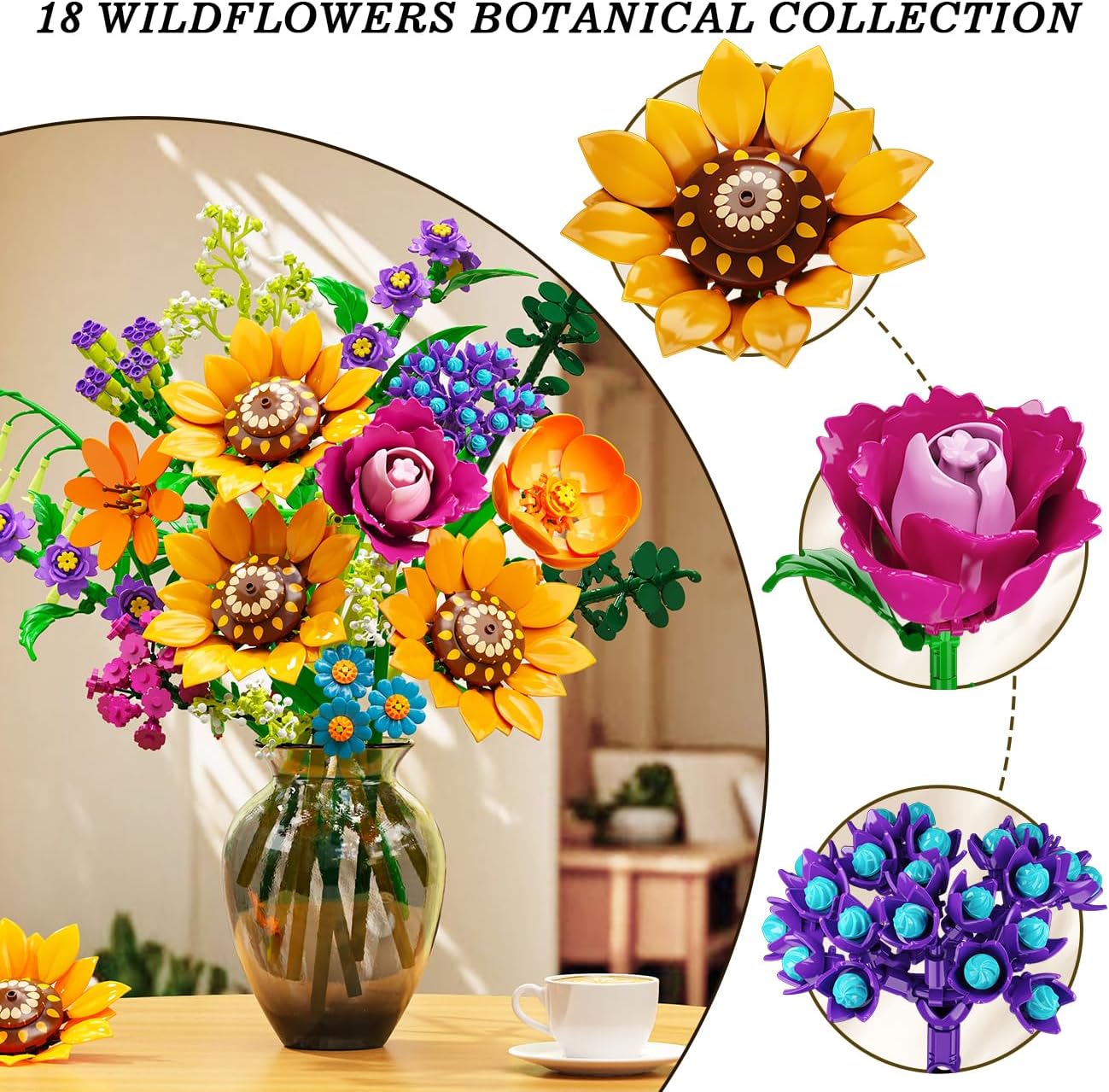 CUBIMANA Wild Flowers Bouquet Building Set with Lights - 912PCS Wildflower 18 Botanicals Collection Building Blocks Sunflower Rose Plants Home Decor Easter Gift for Her Mom Women Adults Girls 12+
