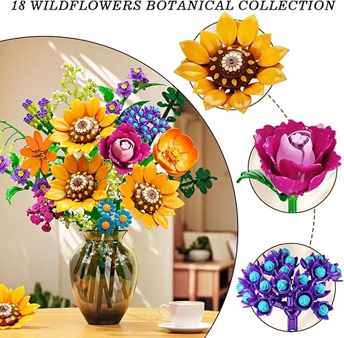Miniatura 5 de Juego de construcción de ramo de flores silvestres con luces, colección botánica de 18 flores, bloques de construcción, girasol, rosa, caléndula,