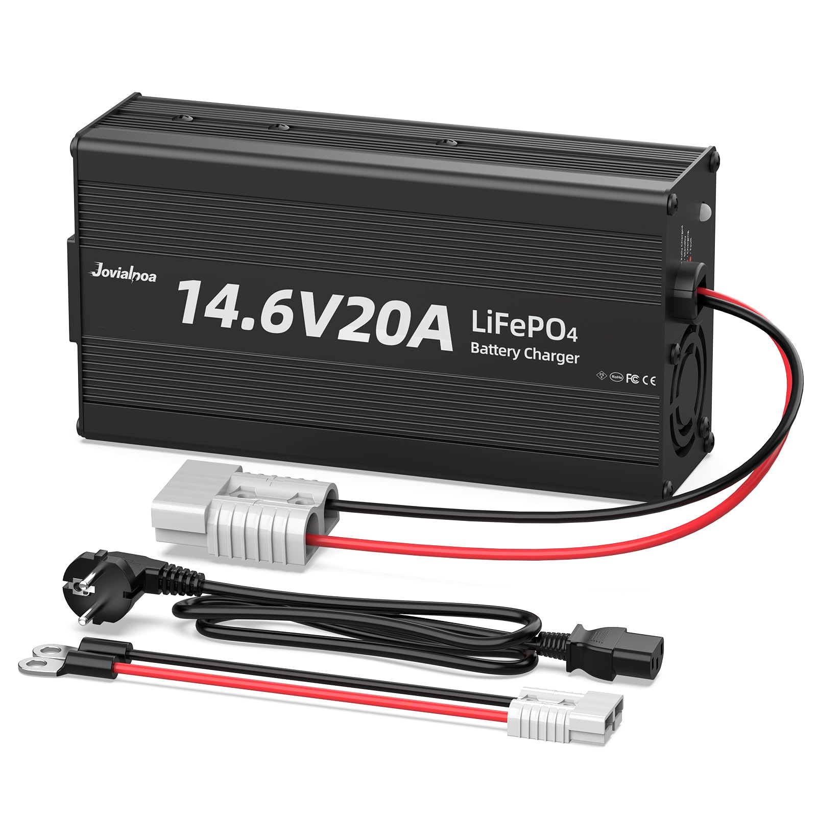 LiFePO4-Ladegerät 12V AC-DC, 14,6V 20A (292W) Batterieladegerät für 12V/12,8V LiFePO4-Akkus, 0V-Aktivierung, 50A Anderson-Stecker, M8-Ringösen, LED-Anzeige, Wohnmobil, Boot, Solar