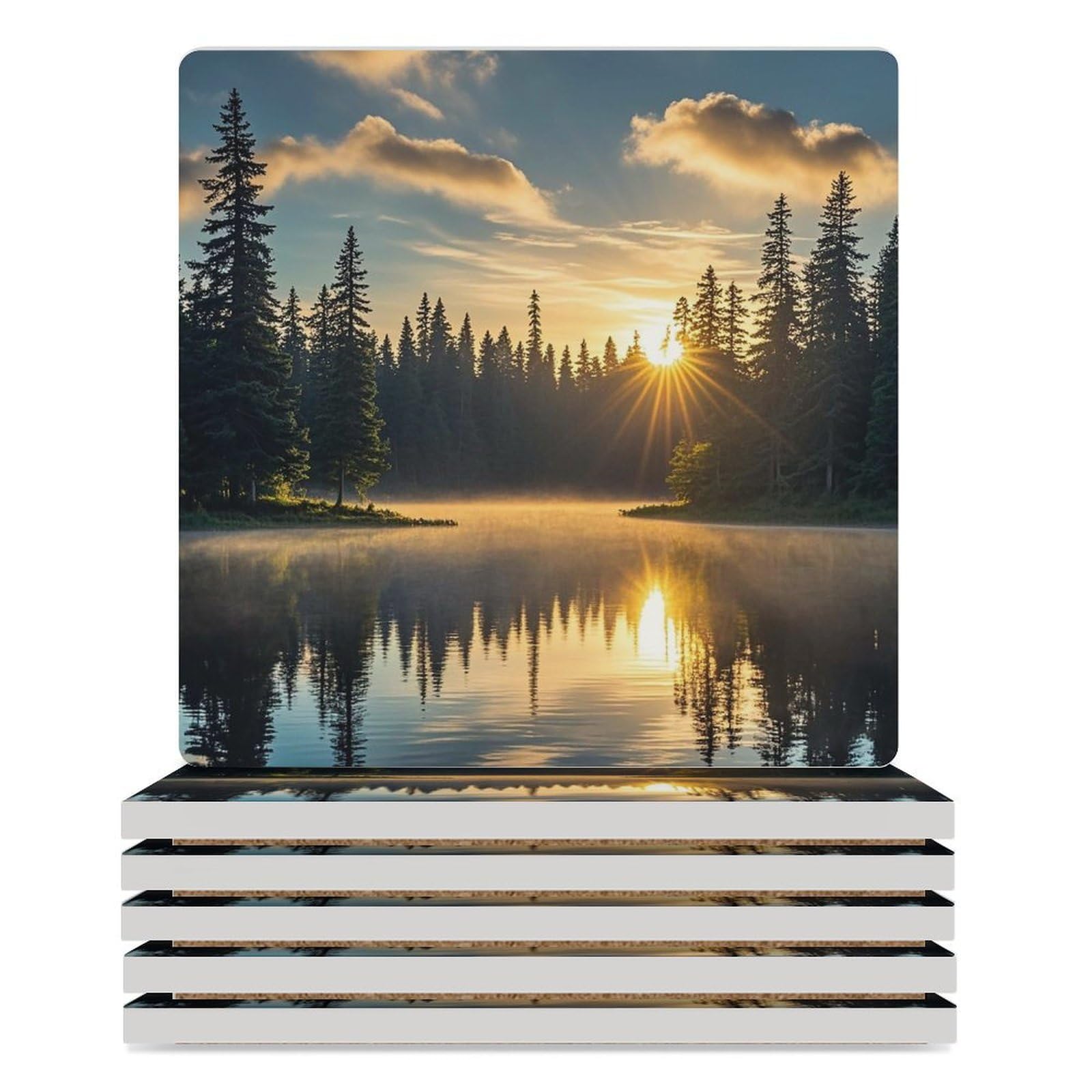Sous-verres céramique lever de soleil sur le lac par 6 idée cadeau maison