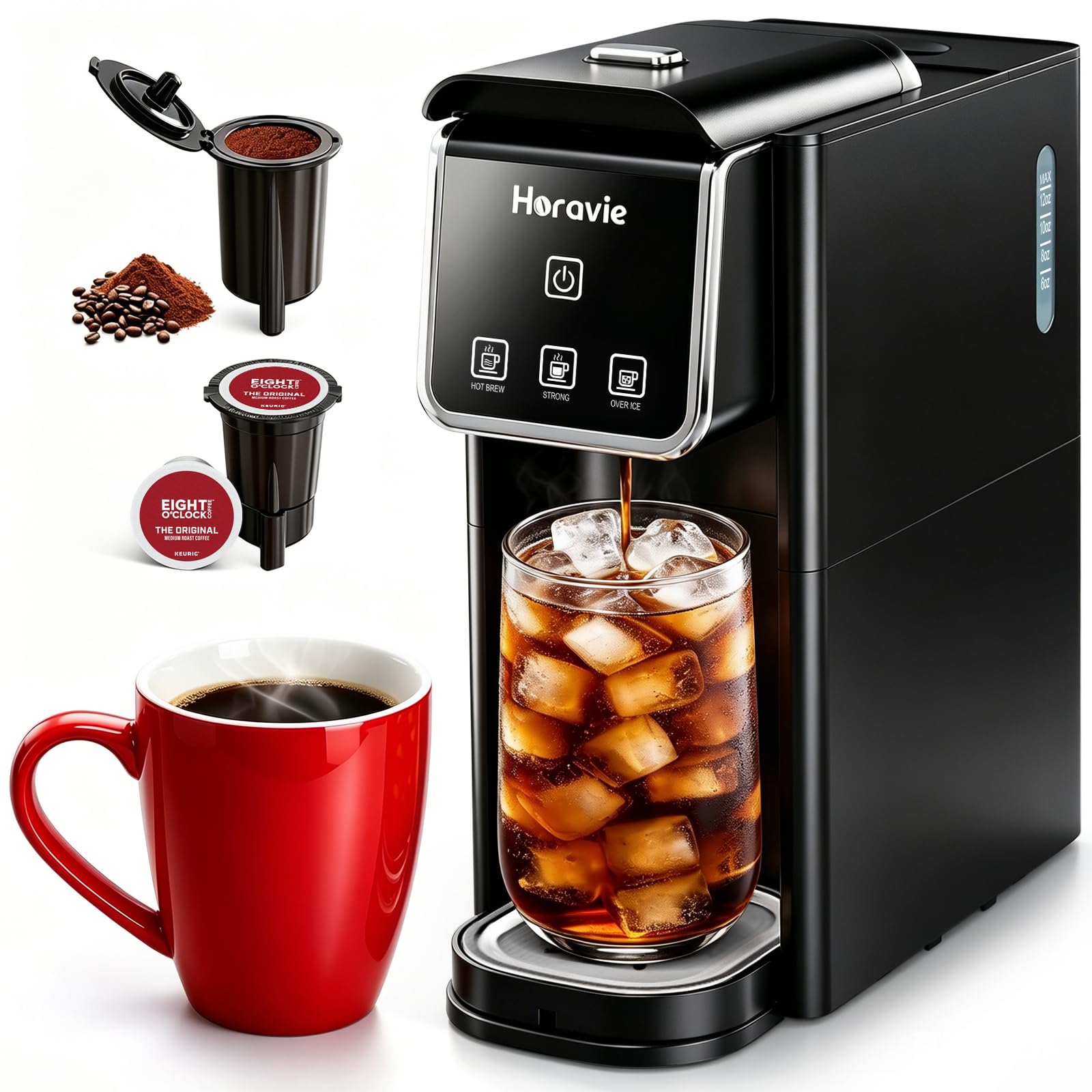 Horavie Mini Single Serve Coffee Maker, Hot & Iced Coffee Maker for K-Pod and Grounds, 6-12 oz Brew Sizes One Cup Coffee Machine, Strong Brew Setting, Black