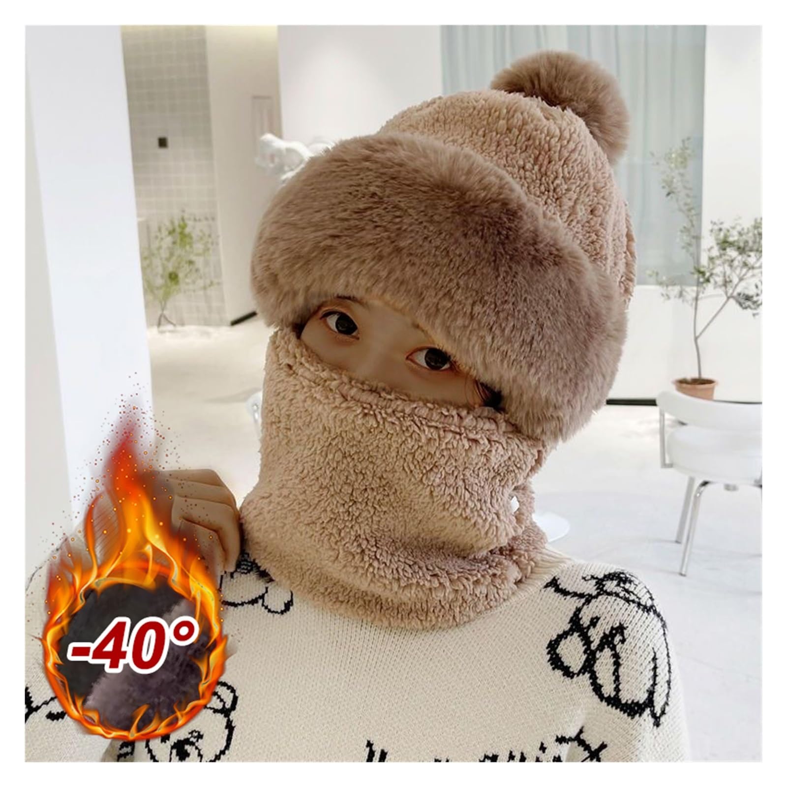 Generisch Winter Scarf Set Hooded for Women Plush Neck Warm Outdoor Ski Windproof Hat Thick Fluffy Beanies(Khaki,4PCS)