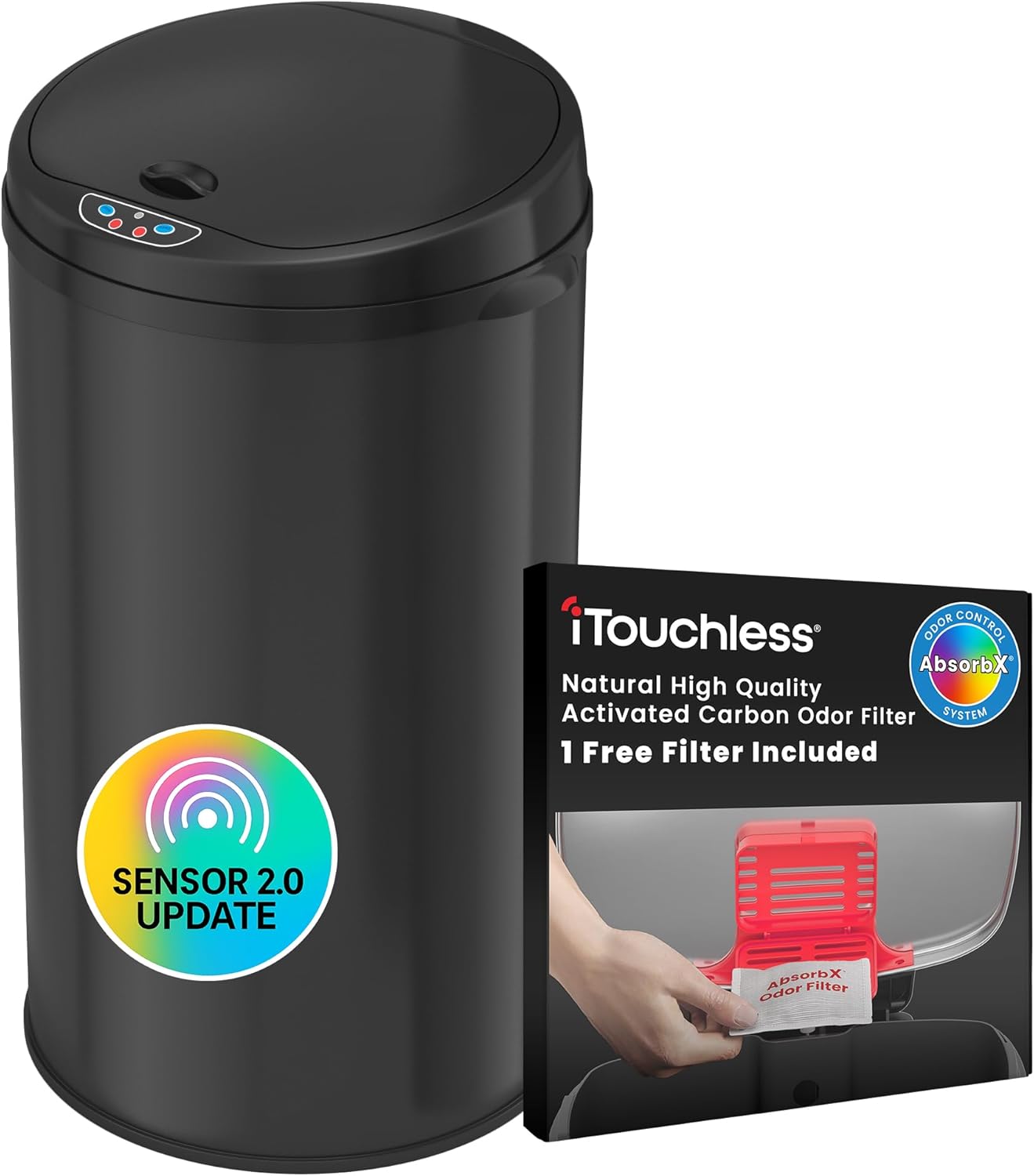 iTouchless 8 Gallon Black Stainless Steel Kitchen Trash Can with Sensor 2.0 – Next Gen Touchless Lid, AbsorbX Odor Filter, Battery or AC Power, Automatic Garbage Bin for Home, Office, or Bathroom