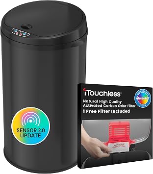 iTouchless 8 Gallon Black Stainless Steel Kitchen Trash Can with Sensor 2.0 Next Gen Touchless Lid, AbsorbX Odor Filter, Battery or AC Power, Automatic Garbage Bin for Home, Office, or Bathroom