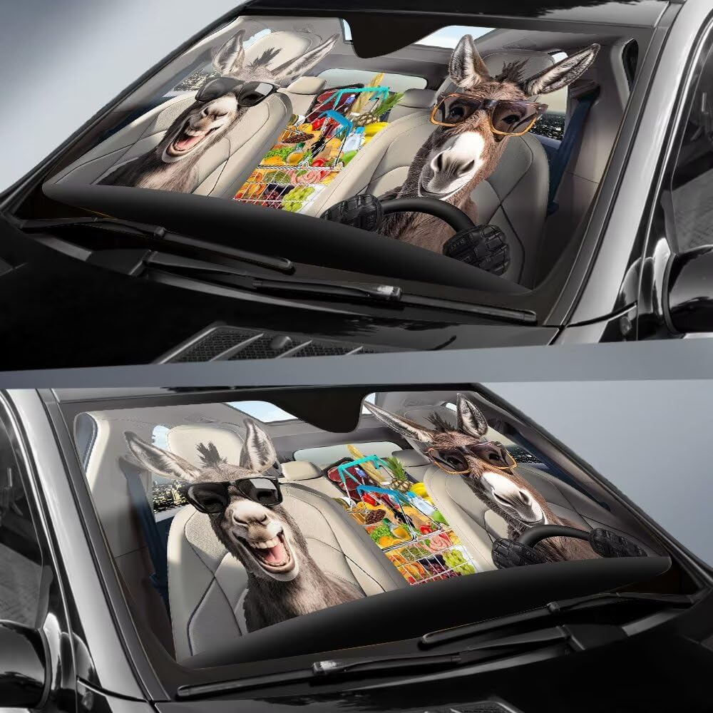 Animal Donkey Couple Shoping Car Front Windows Windshield Sun Shade Farm Auto Visor Shield, Funny Donkey Driver Car Accessories Foldable Sunshade for Truck Vas - 57 x 27.5 Inches