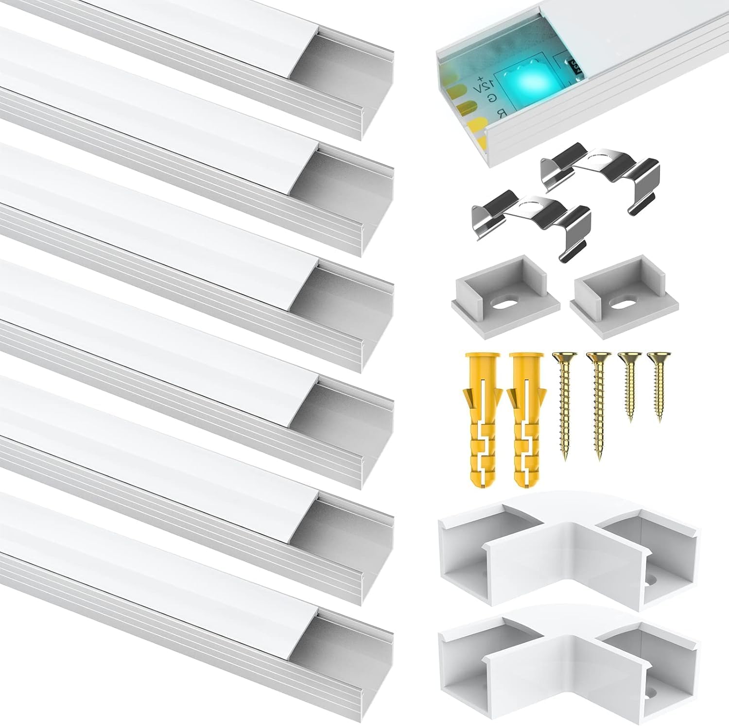 6 Pack Led Aluminum Profile for Philips Hue Led Strip Lights etc,1m/3.3ft U-Shape Led Aluminum Channel, Led Diffuser with Milky White Cover, End Caps and Metal Mounting Clips (6Meter)