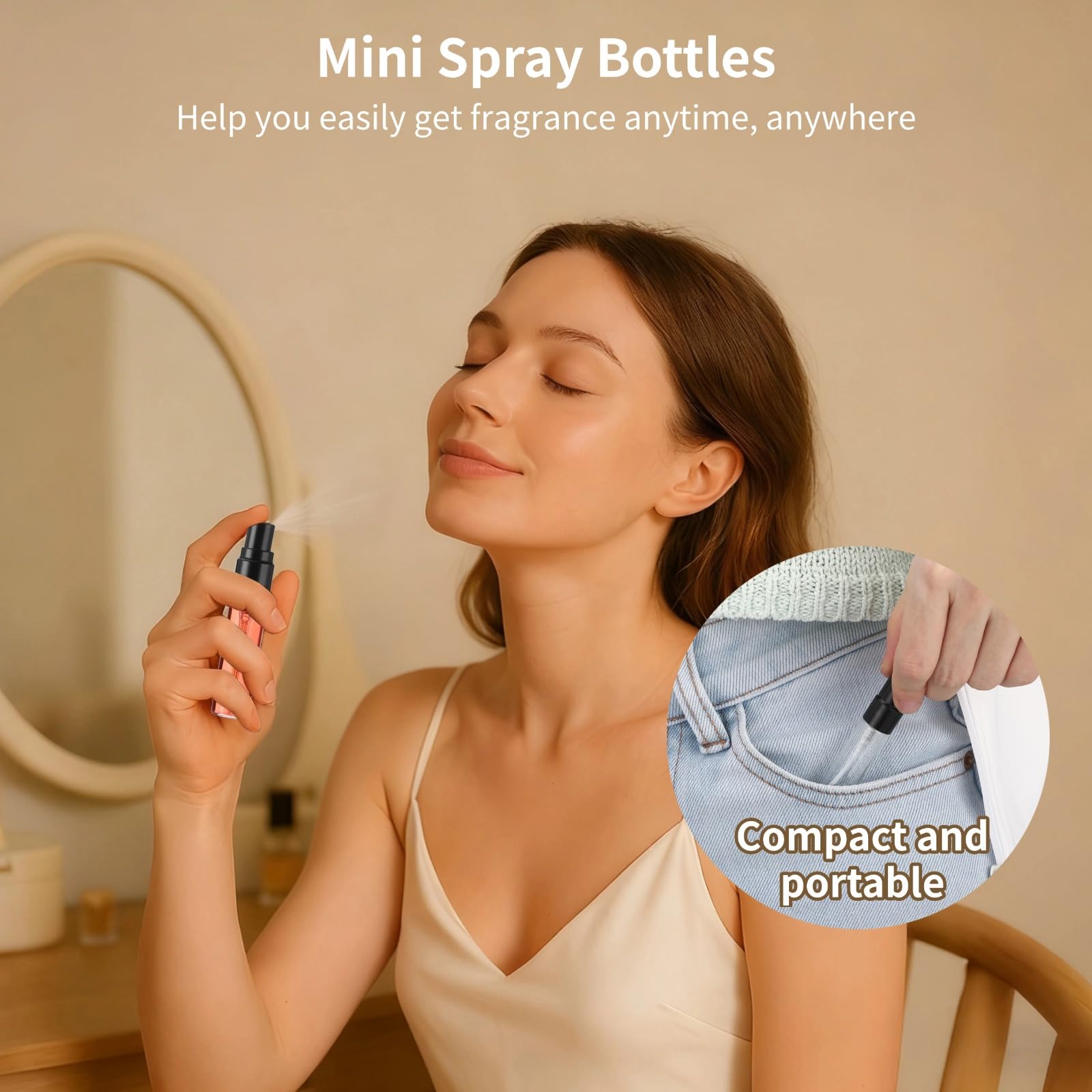 Mini butelki z rozpylaczem, 5 ml, szklane butelki na perfumy, przenośne pojemniki na próbki z czarnymi nasadkami, rozpylacze drobnej mgły, w zestawie 4 lejki i 4 dozowniki