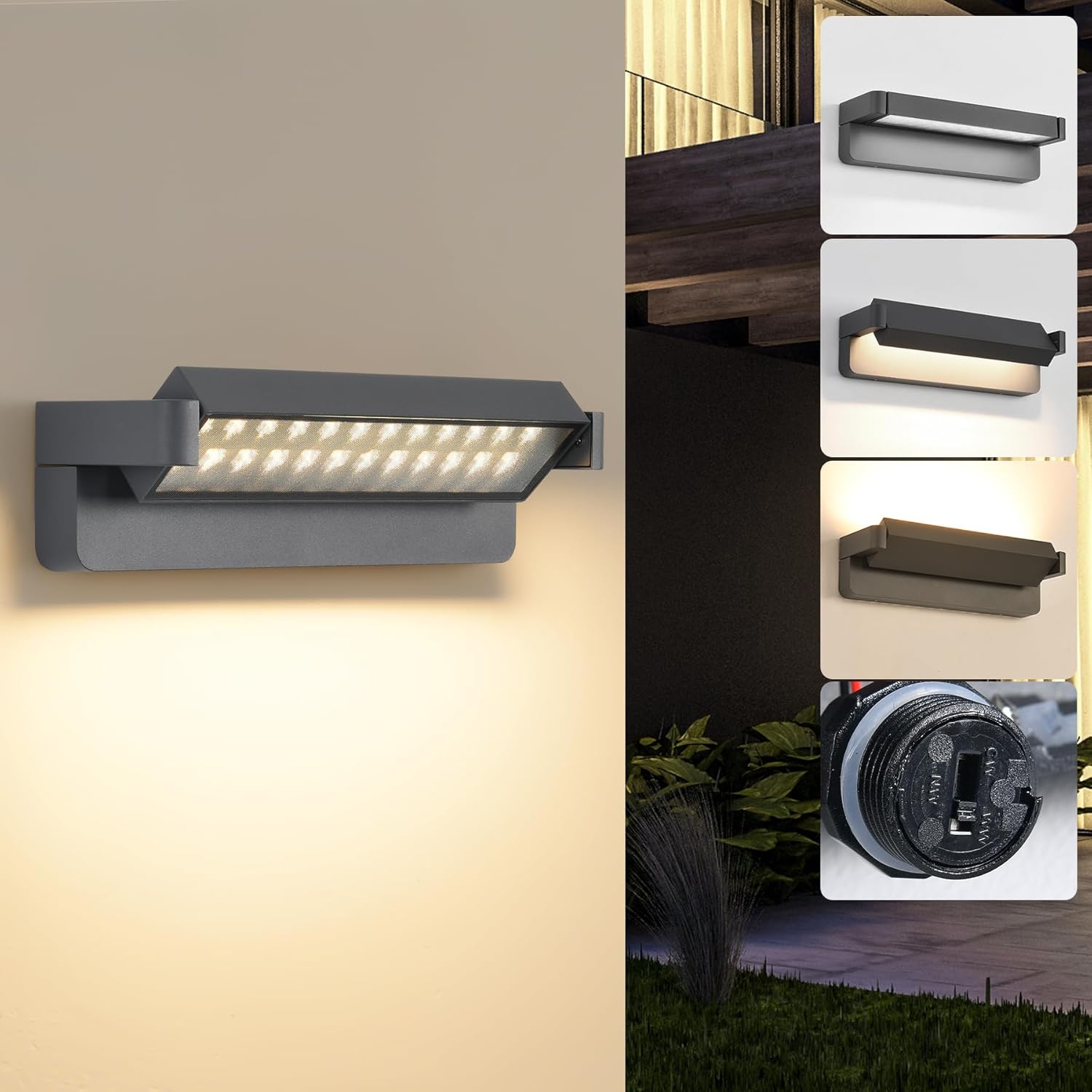 Aplique LED de exterior MYCUL, IP65, resistente al agua, 36 W, 3000 K/4500 K/6000 K, giratorio 350°, para jardín, patio y balcón, color gris oscuro.