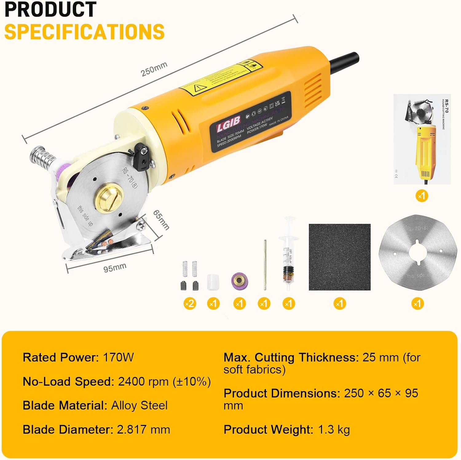 Electric Fabric Cutting Machine 170W Rotary Cutter with Self-Sharpening Alloy Steel Blade, Cuts Up to 1 Inch, Heavy Duty Electric Fabric Cutter Machine for Multi-Layer Cloth, Fabric & Leather