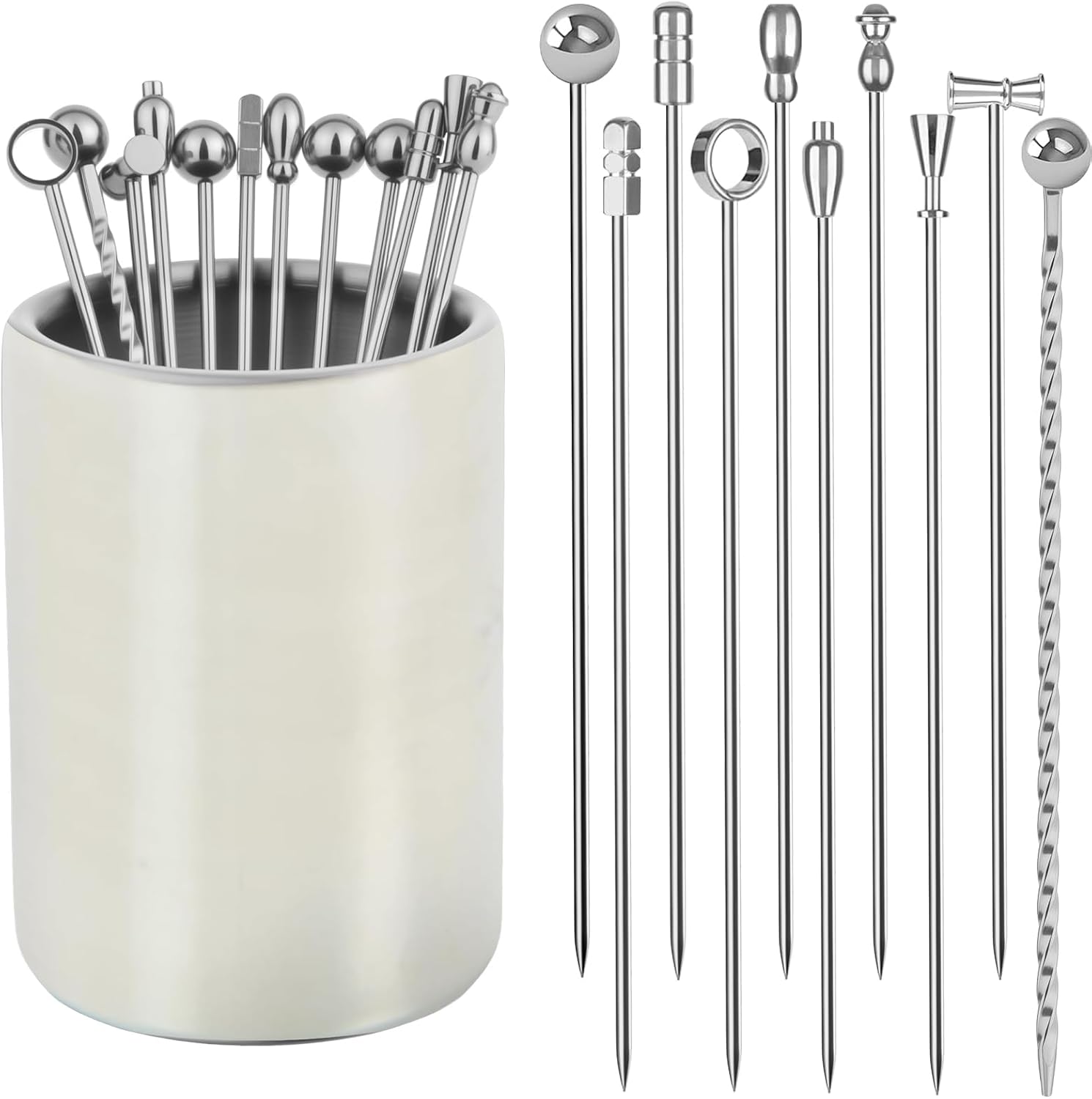 12-Piece Cocktail Picks Set with Holder, Premium 304 Stainless Steel Martini Skewers, Reusable Garnish Sticks for Olives, Appetizers & Fruit (4 Styles Golden)