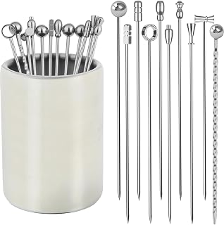 Metal Cocktail Martini Picks, 4.1 in Olive Skewers Stainless Steel, Martini Garnish Sticks Reusable, Metal Toothpicks for Drinks, Appetizers, Cheese, Bar Accessories Supplies Gift -(10 Styles Silver)