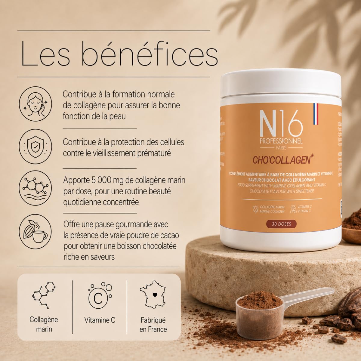 Cho’Collagen – Collagène Marin 5000 mg & Vitamine C – Poudre Chocolat – Complément Alimentaire Peau, Éclat & Collagène – 30 Doses – Fabriqué en France