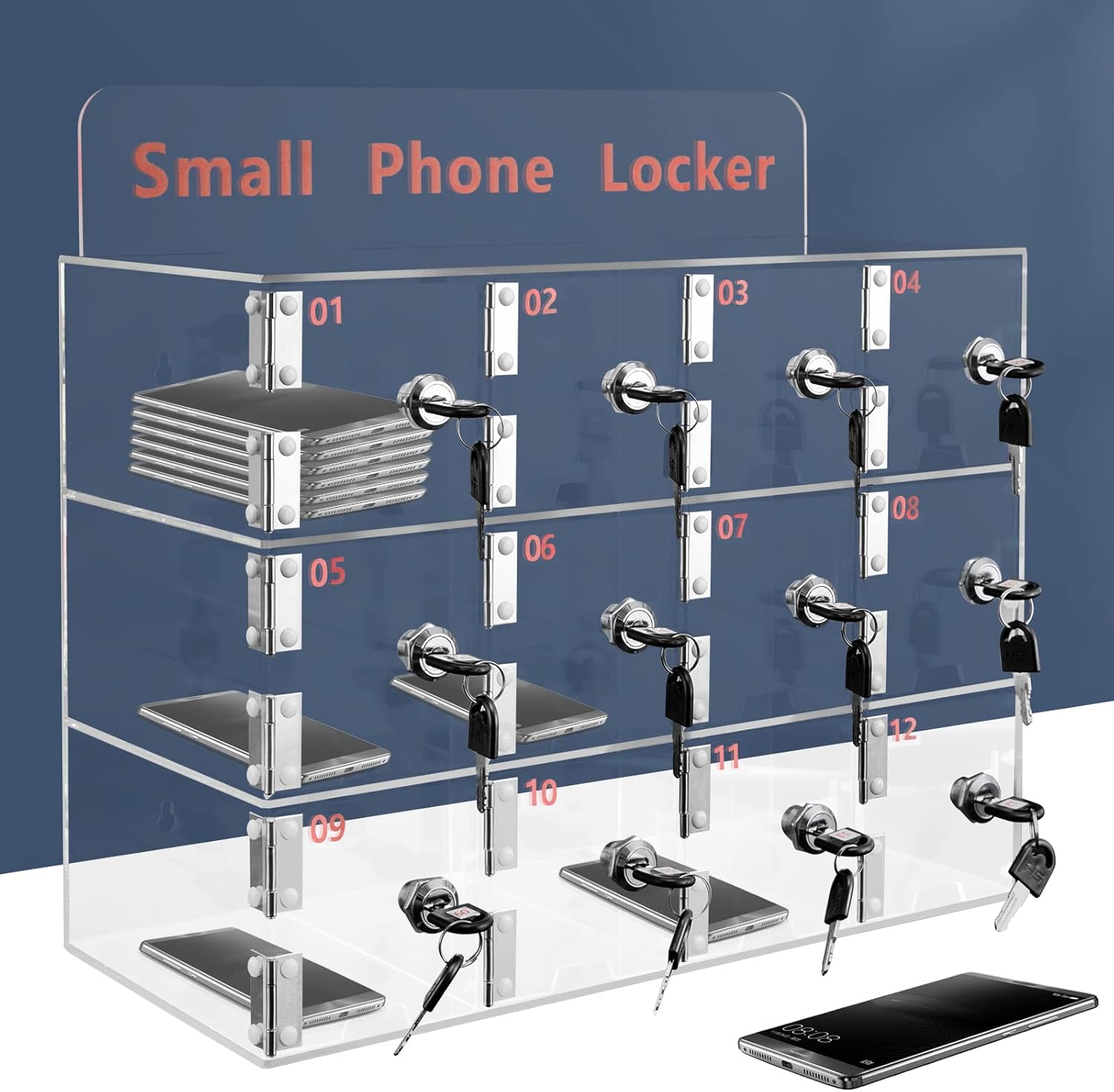 Mobile Phone Storage Box Transparent Acrylic Mobile Phone Security Locker with Key,12-Slot Clear Acrylic Phone Locker Box - Wall-Mounted & Desktop Cell Phone Storage Cabinet with Locking Doo