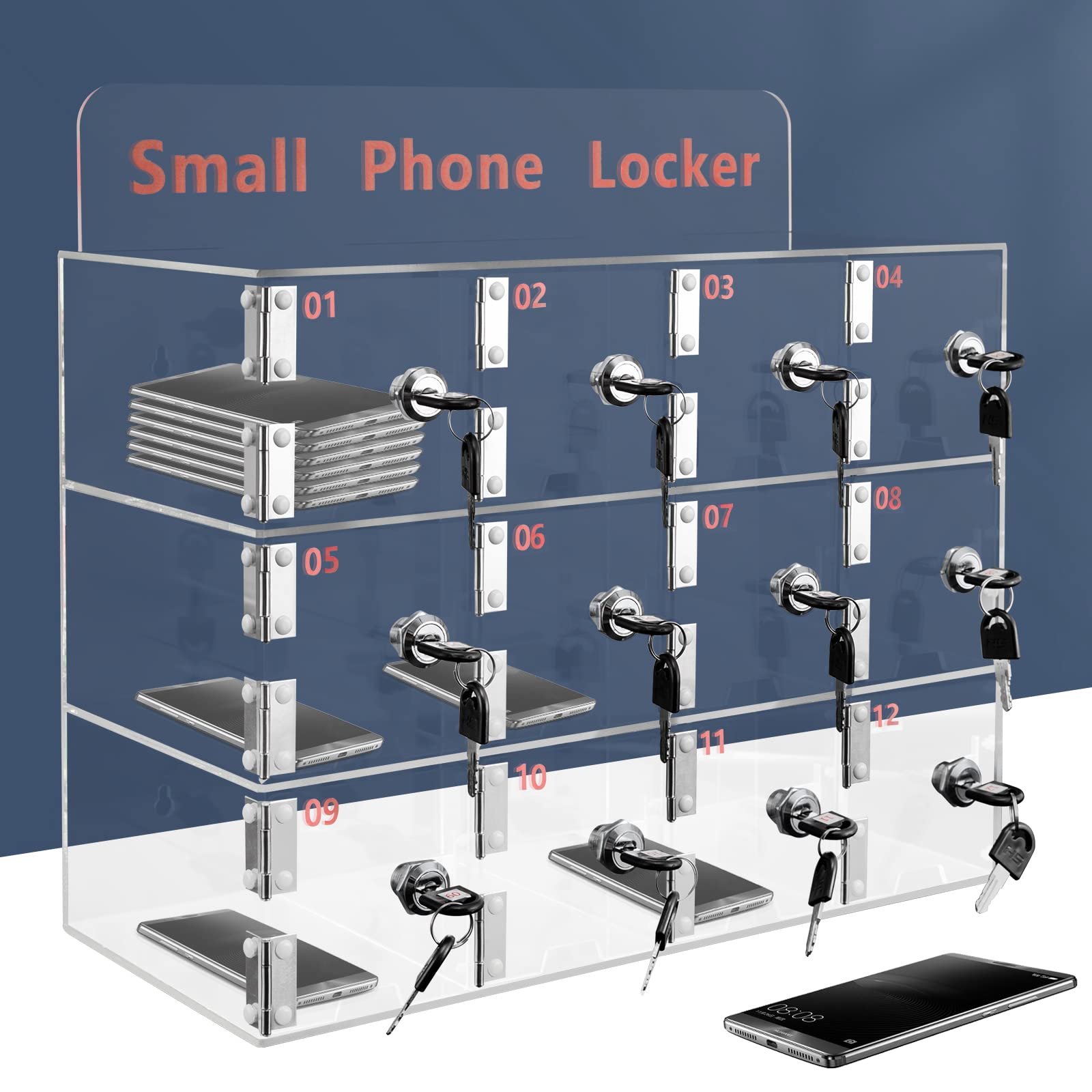 12 Slots Acrylic Cell Phone Locker Box, Clear Cell Phone Locker Box with Door Locks & Keys,Wall-Mounted Cell Phones Storage Cabinet, Pocket Storage Locker Box for Office Classroom(12 Slots)