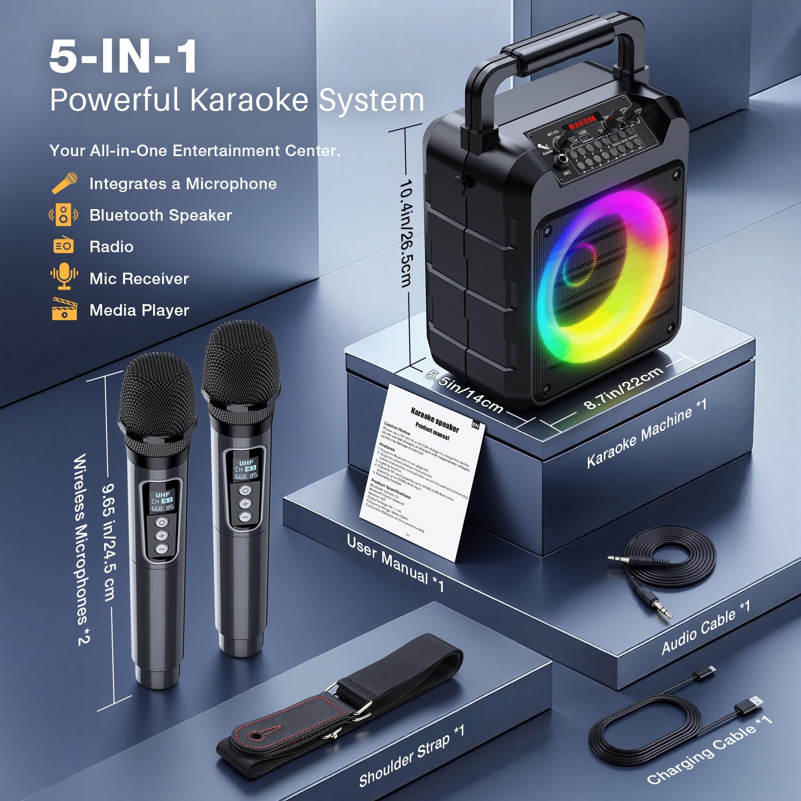 Dislocati Karaoke Maschine mit 2 Wireless Mikrofonen - 20W Tragbarer Party-Lautsprecher, LED-Lichtshow, TWS, AUX/USB, Bluetooth 5.3, 12h Laufzeit - Geschenk Für Erwachsene und Kinder