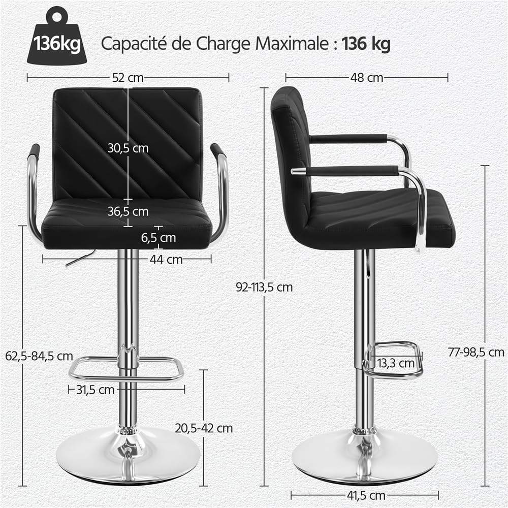 Yaheetech Lot de 2 Tabourets de Bar Réglables en Similicuir