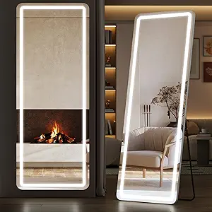 Sweetcrispy Full Length Mirror with LED Lights, 71.3"x26.5" Lighted Floor Mirror with Dimming & 3 Color Lighting, Stand for Bedroom, Dressing Room