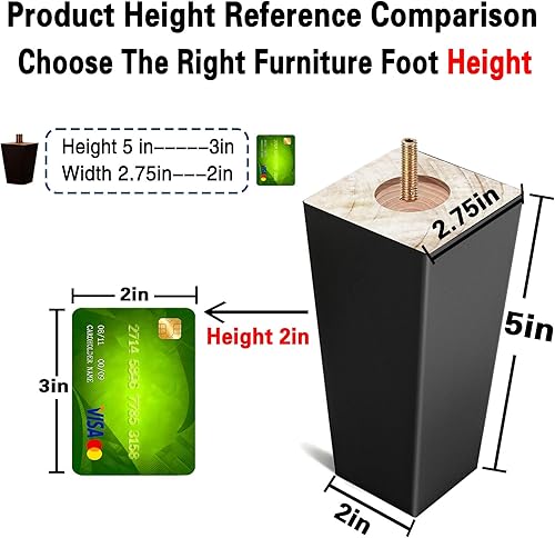 Miniatura 2 de Paquete de 4 patas de madera para muebles de 5 pulgadas, patas de sofá cuadradas negras, patas de silla de mediados de siglo, piezas de repuesto