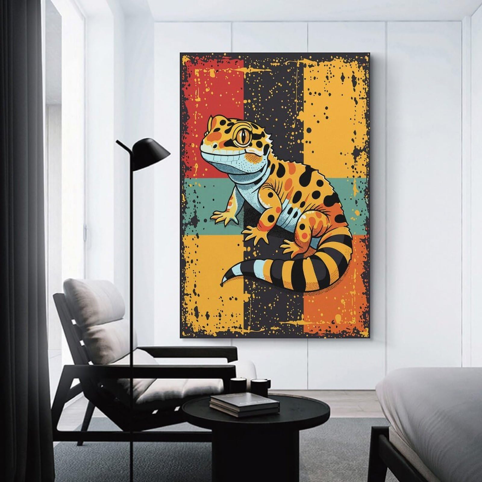 Junmoney Cartoon Gecko with Retro Background Wall Art Print, 24x36inch(60x90cm), for Sofa Walls, Lounge Or Home Corners, Canvas Styling for A Polished Room Look