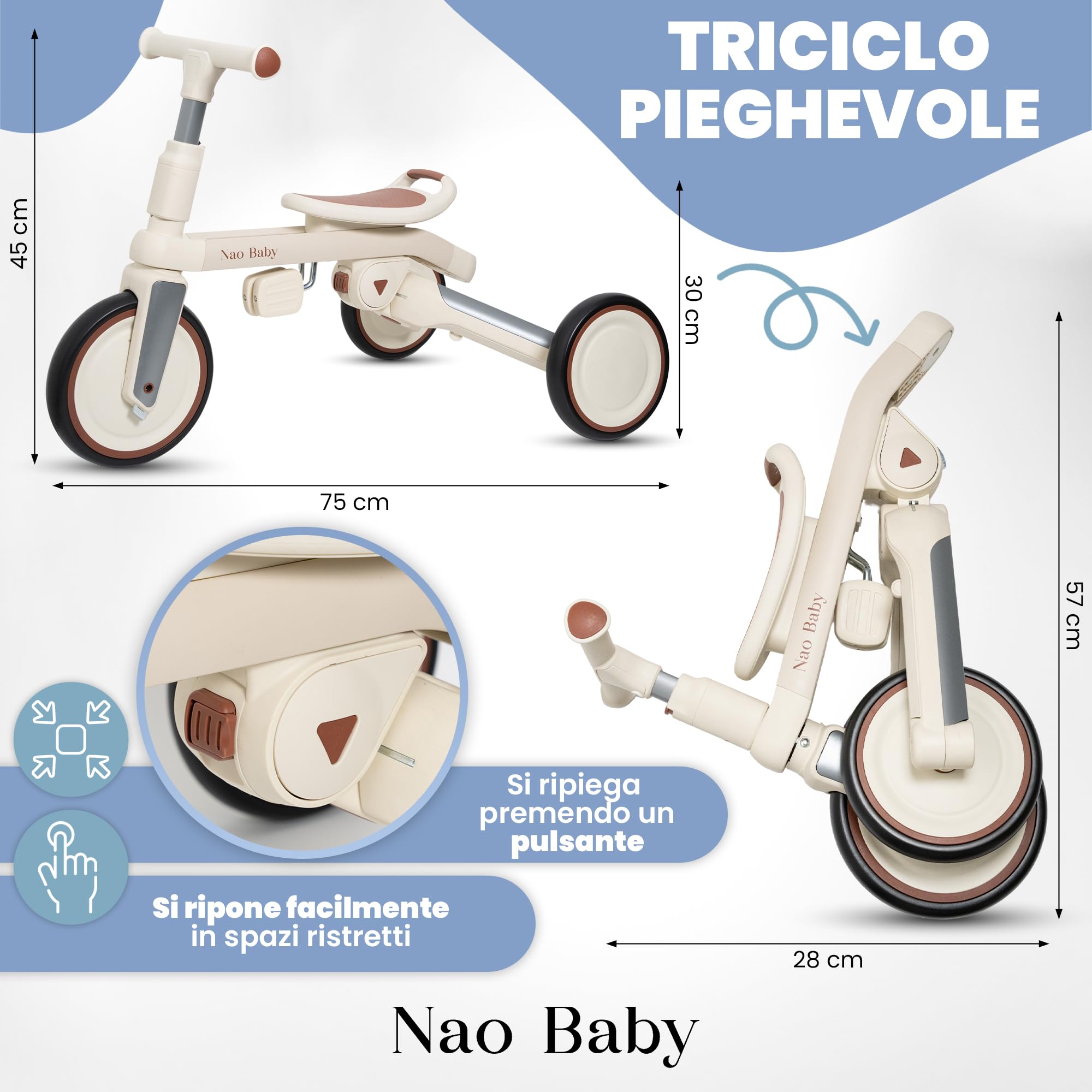 Triciclo Evolutivo Pieghevole e Regolabile per Bambini (1-5 Anni) con Maniglione Genitore – Triciclo Passeggino, Balance Bike e Bicicletta Bambini, Sicuro e Compatto (Senza capote)