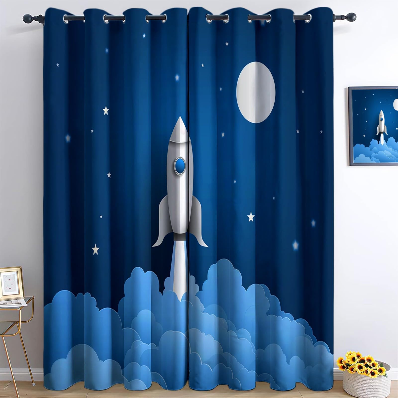Redukcja hałasu, niebieskie zasłony na przelotkach, nieprzepuszczające światła, wzór minimalizmu, kreskówka, rakieta do salonu i sypialni, 245 x 140 cm (wys. x szer.), zestaw 2 sztuk