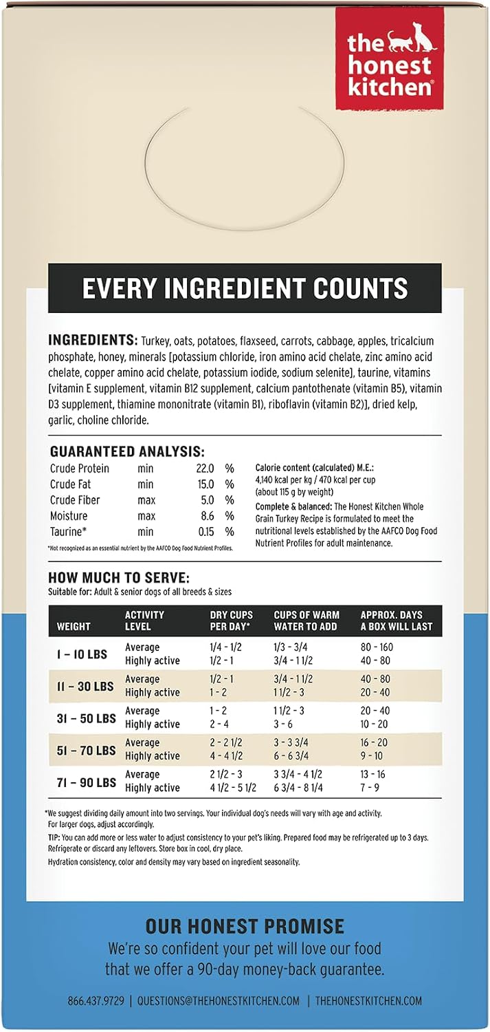 Honest Kitchen Dehydrated Whole Grain Dog Food Turkey - Complete & Balanced Meal 10 lb