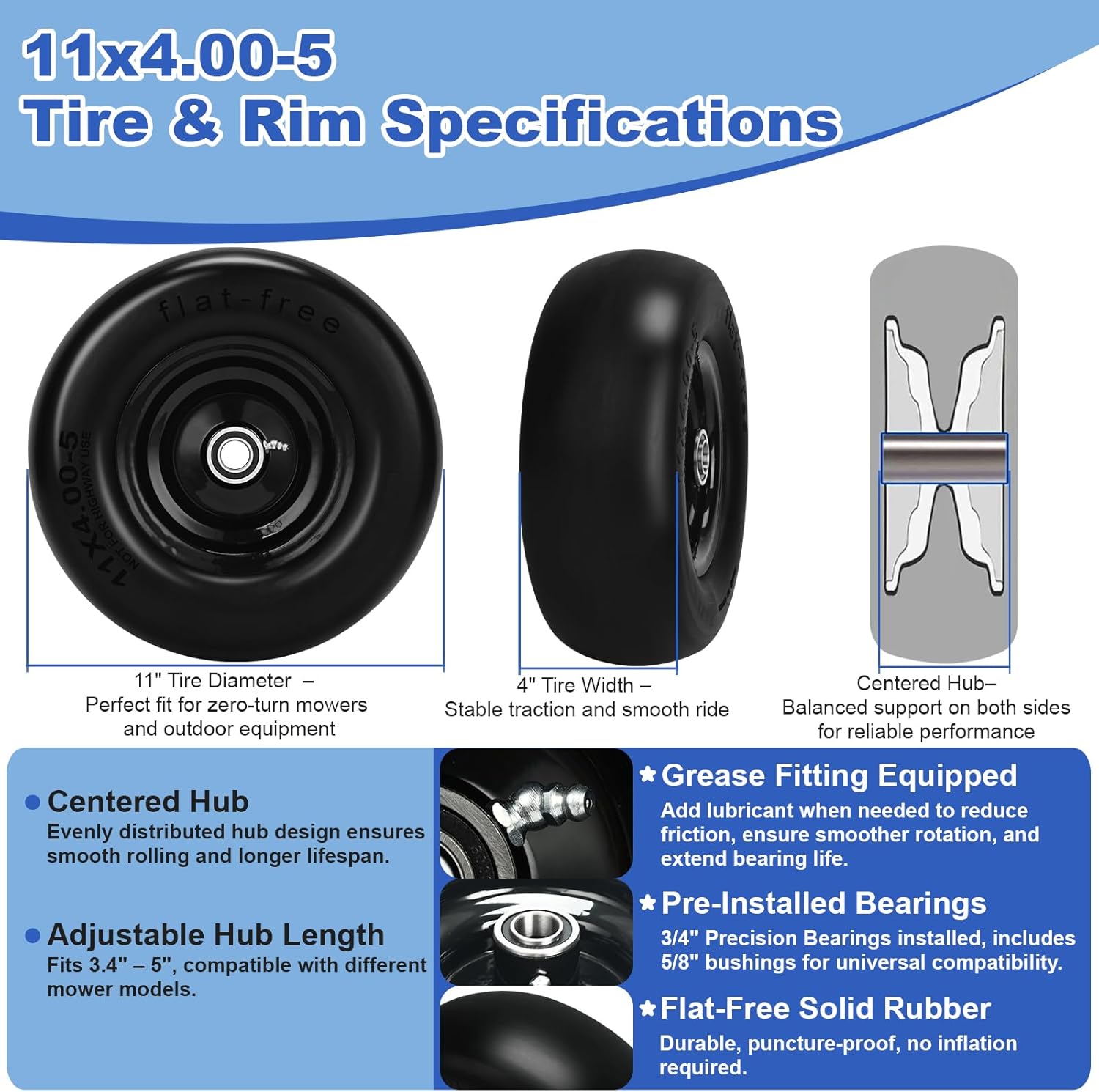 11x4.00-5 Lawn Mower Tires Flat Free and Wheel, 11x4-5 Smooth Solid Front Tires for Zero Turn Mower, 350Lbs Load, 3/4", 5/8" and 1/2" Bearings, 3.4"-5.8" Hub for Residential Commercial, 2PCS